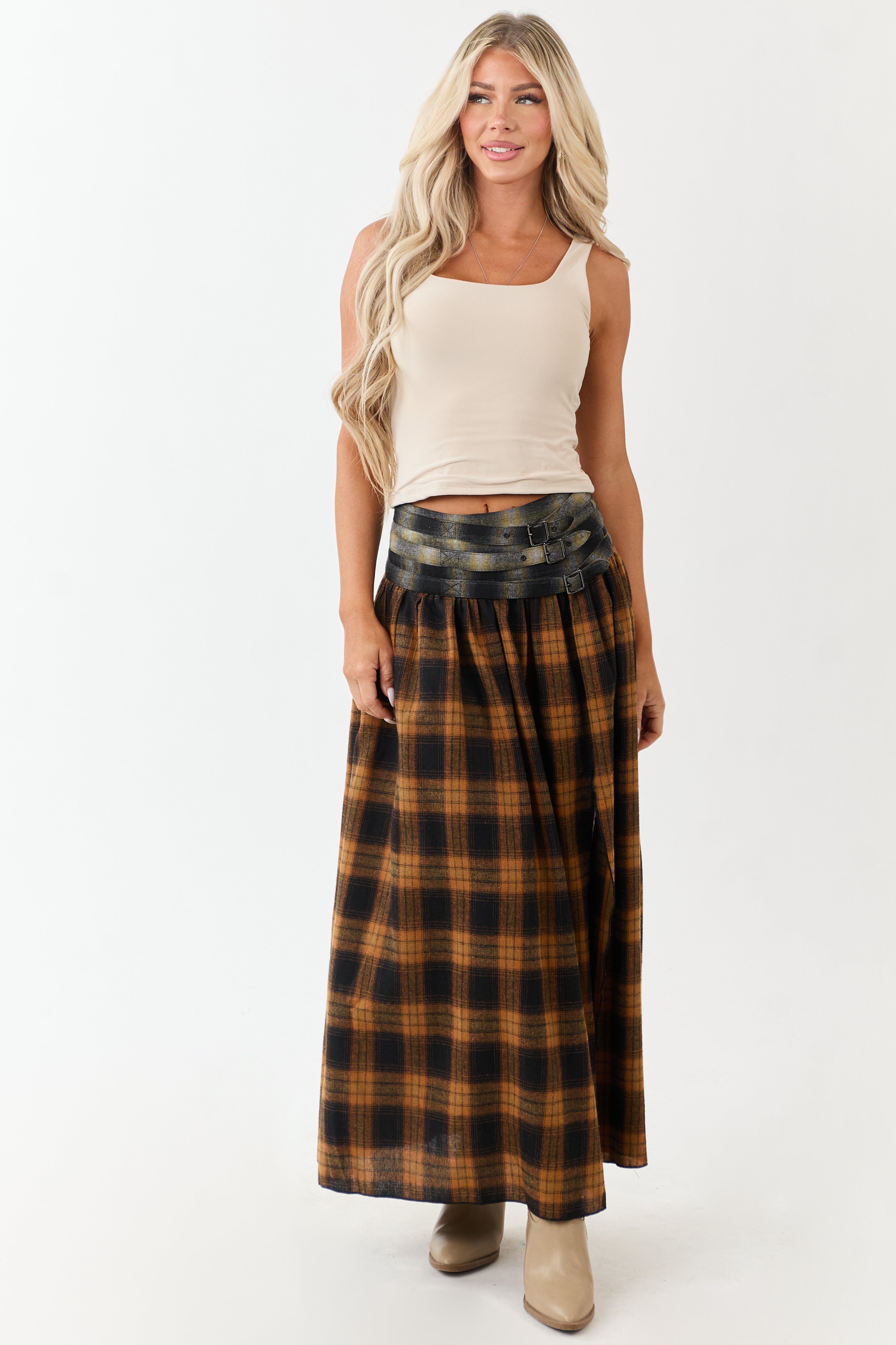 Caramel Plaid Contrast Belt Waist Maxi Skirt