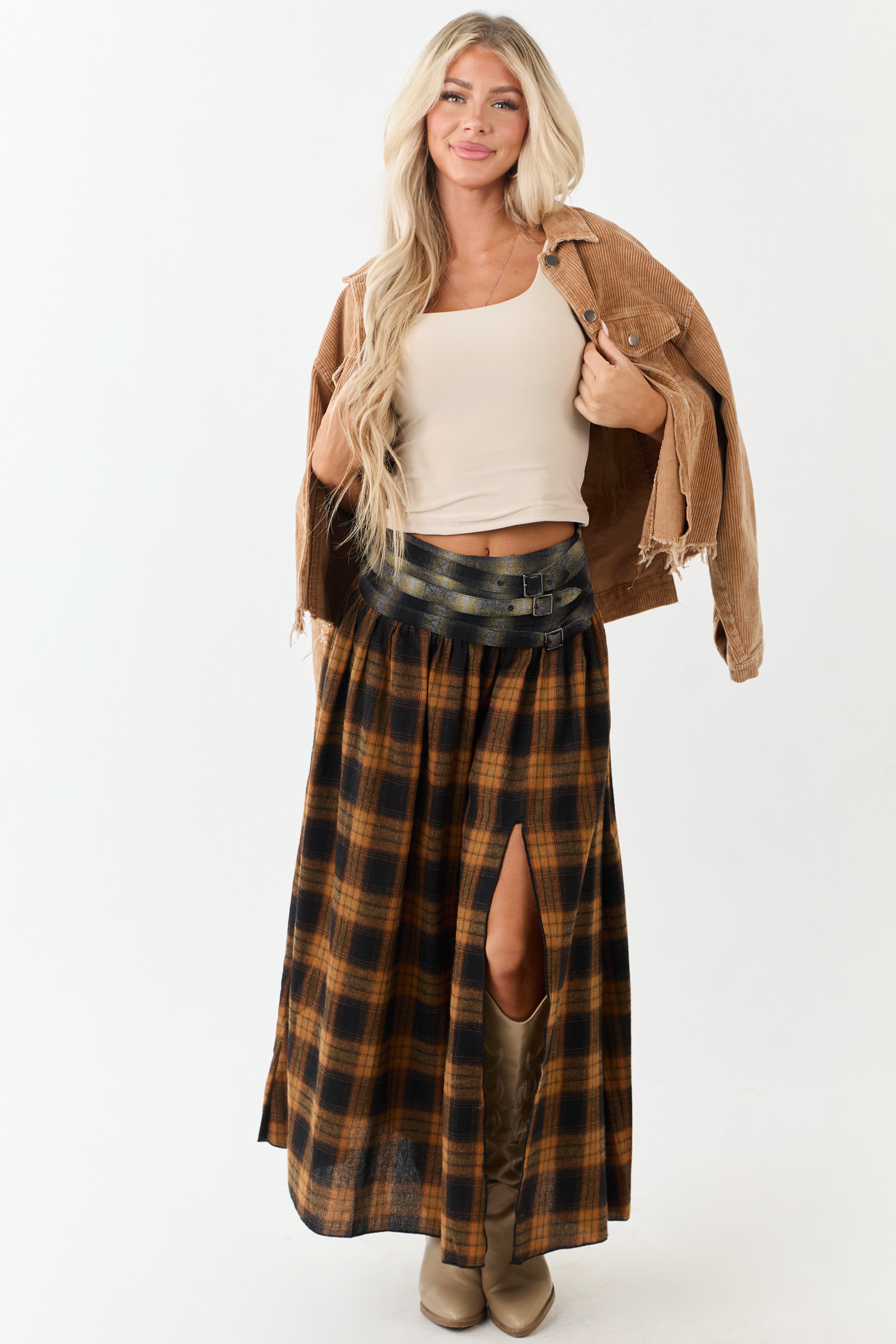 Caramel Plaid Contrast Belt Waist Maxi Skirt | Lime Lush Boutique
