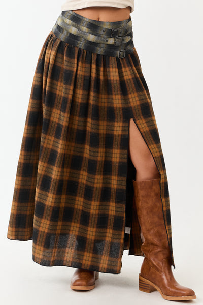 Caramel Plaid Contrast Belt Waist Maxi Skirt