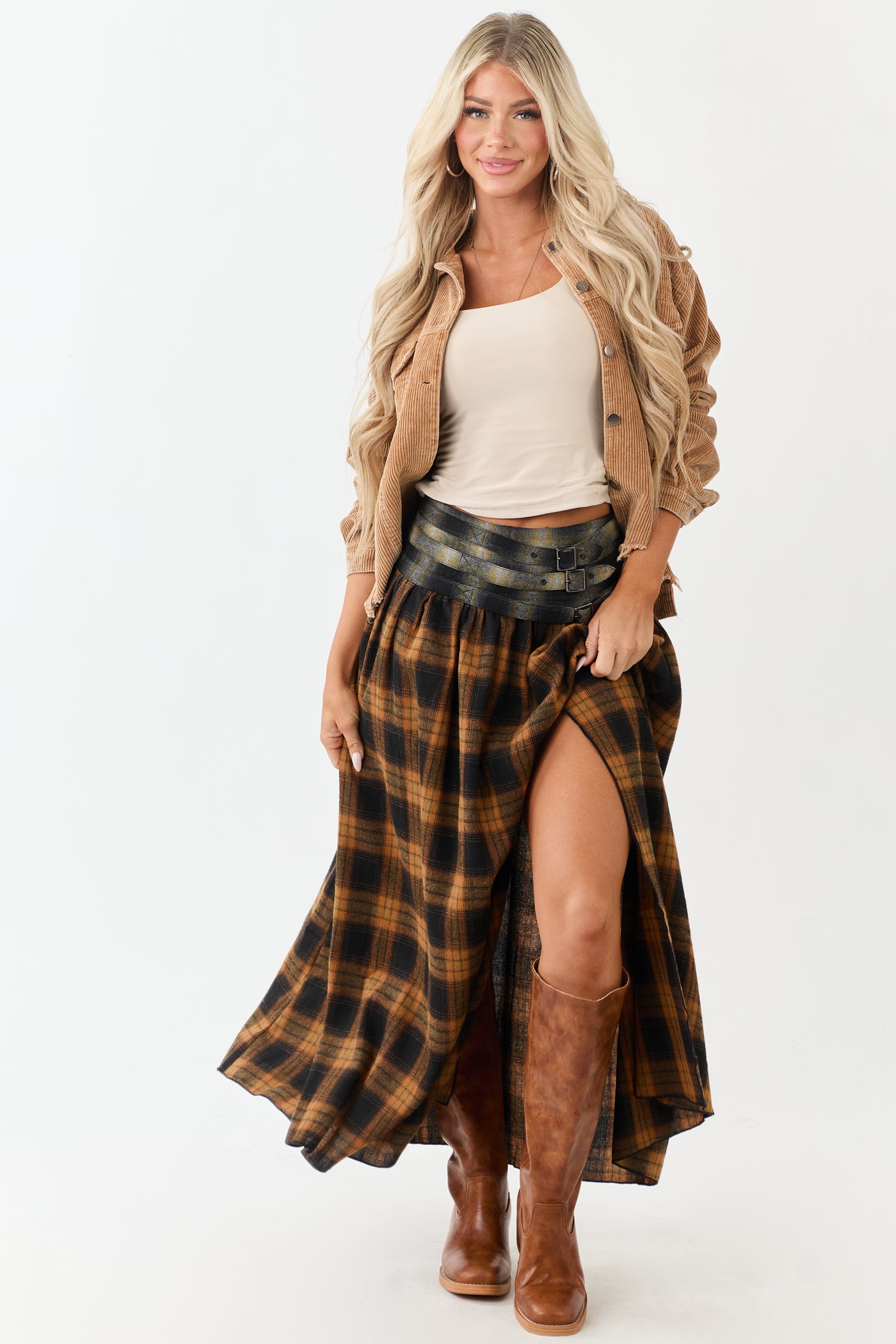 Caramel Plaid Contrast Belt Waist Maxi Skirt