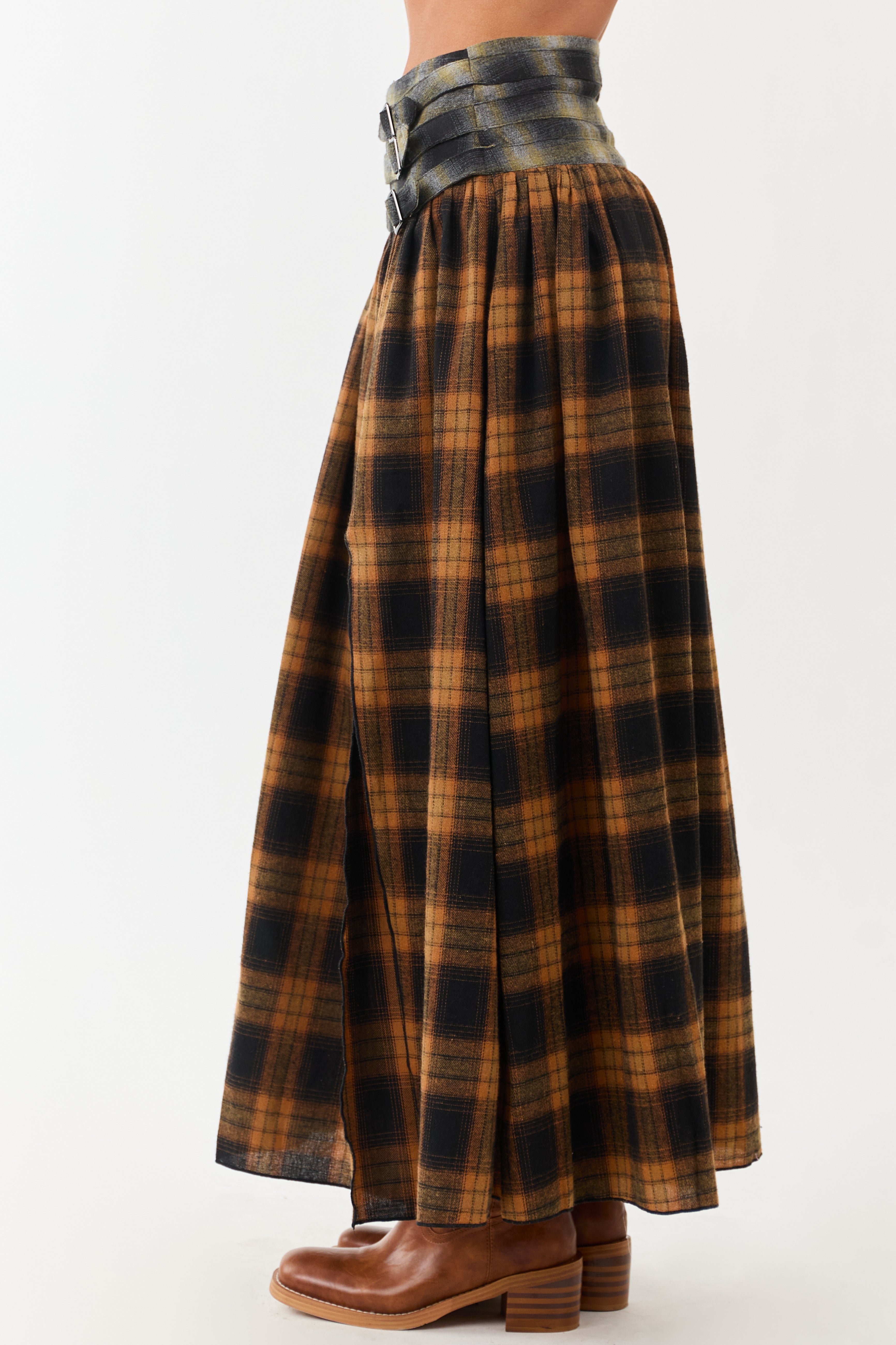 Caramel Plaid Contrast Belt Waist Maxi Skirt