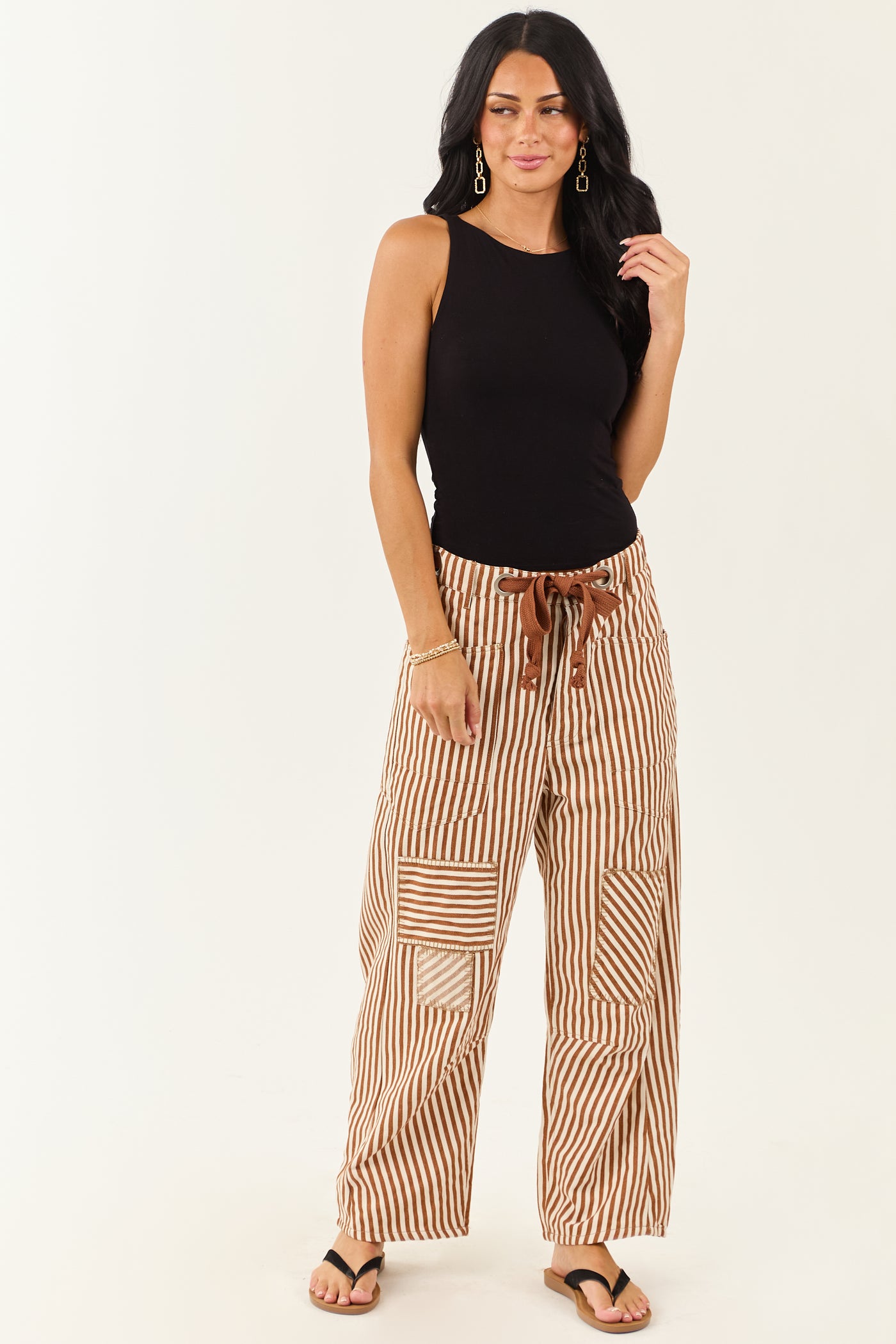 Caramel Railroad Striped Patchwork Barrel Pants