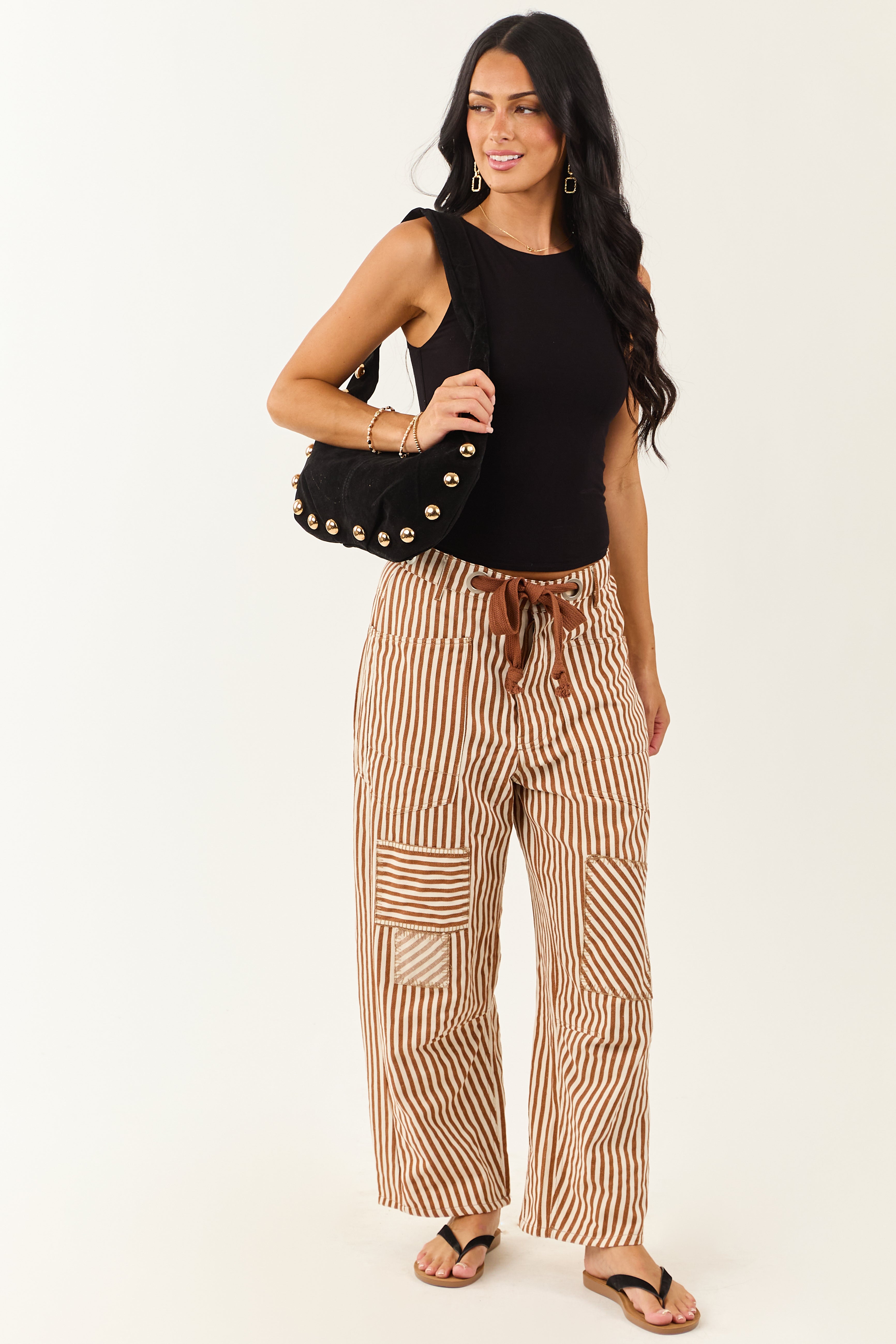 Caramel Railroad Striped Patchwork Barrel Pants