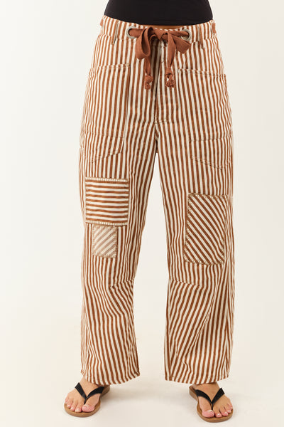 Caramel Railroad Striped Patchwork Barrel Pants