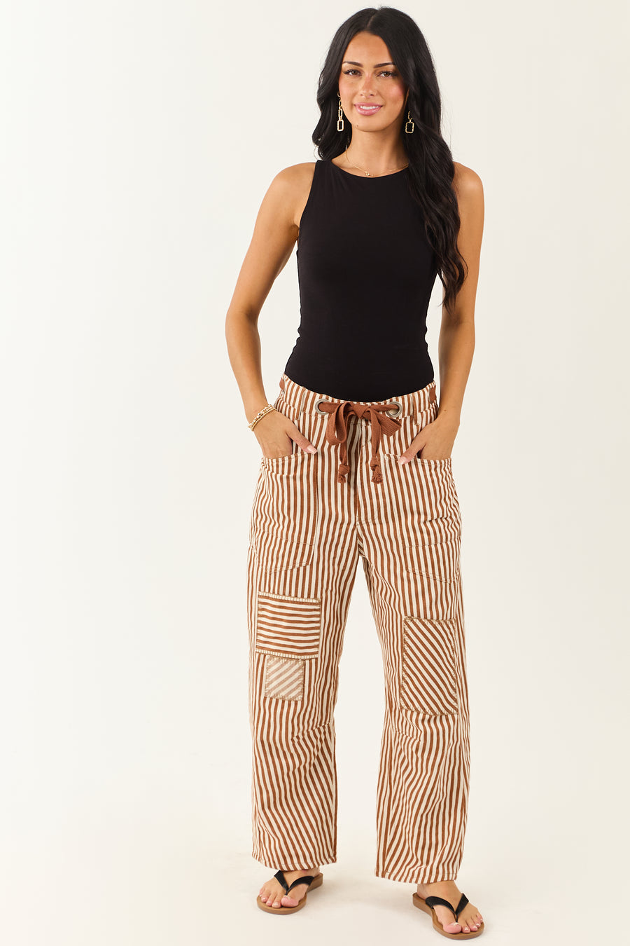 Caramel Railroad Striped Patchwork Barrel Pants