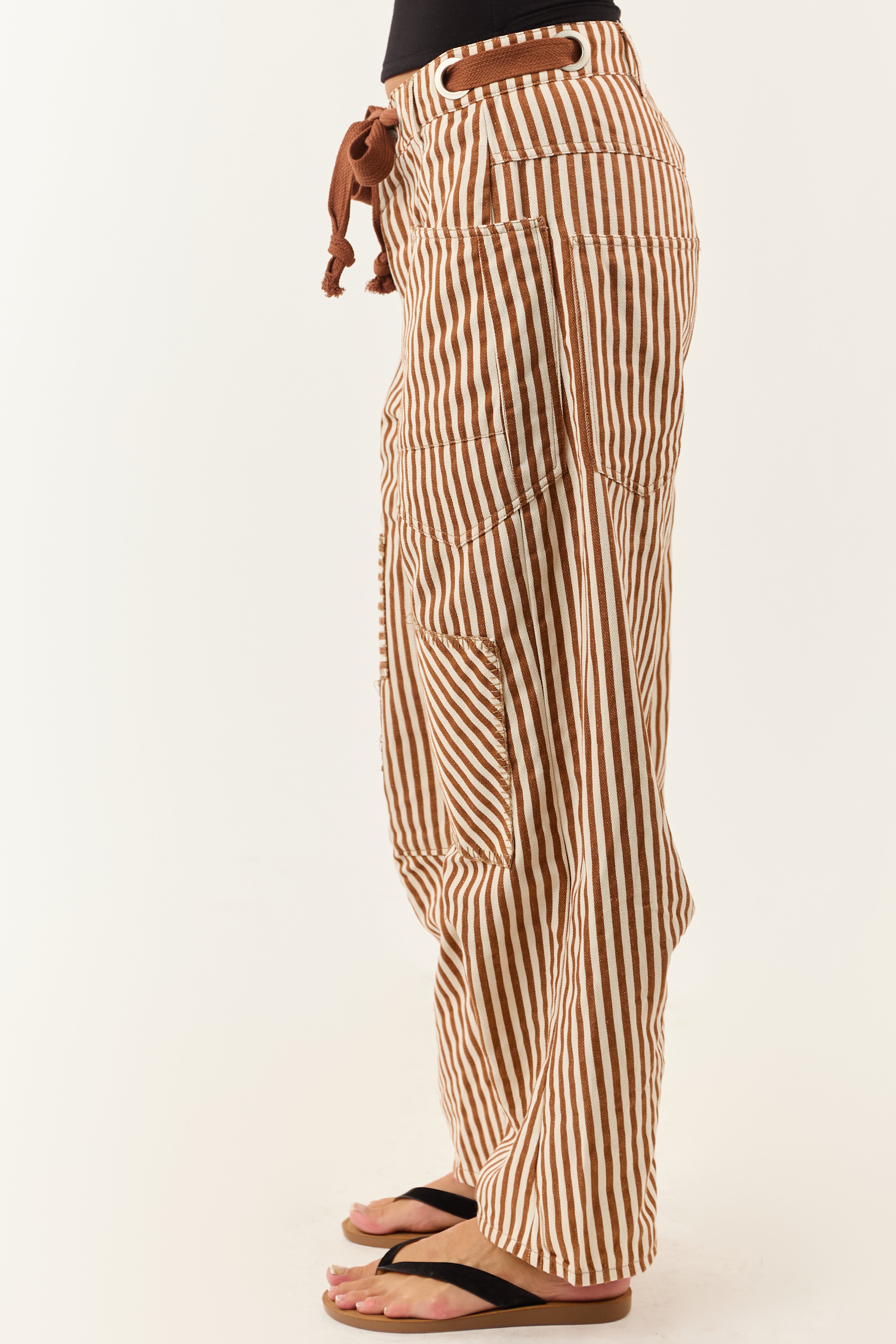 Caramel Railroad Striped Patchwork Barrel Pants