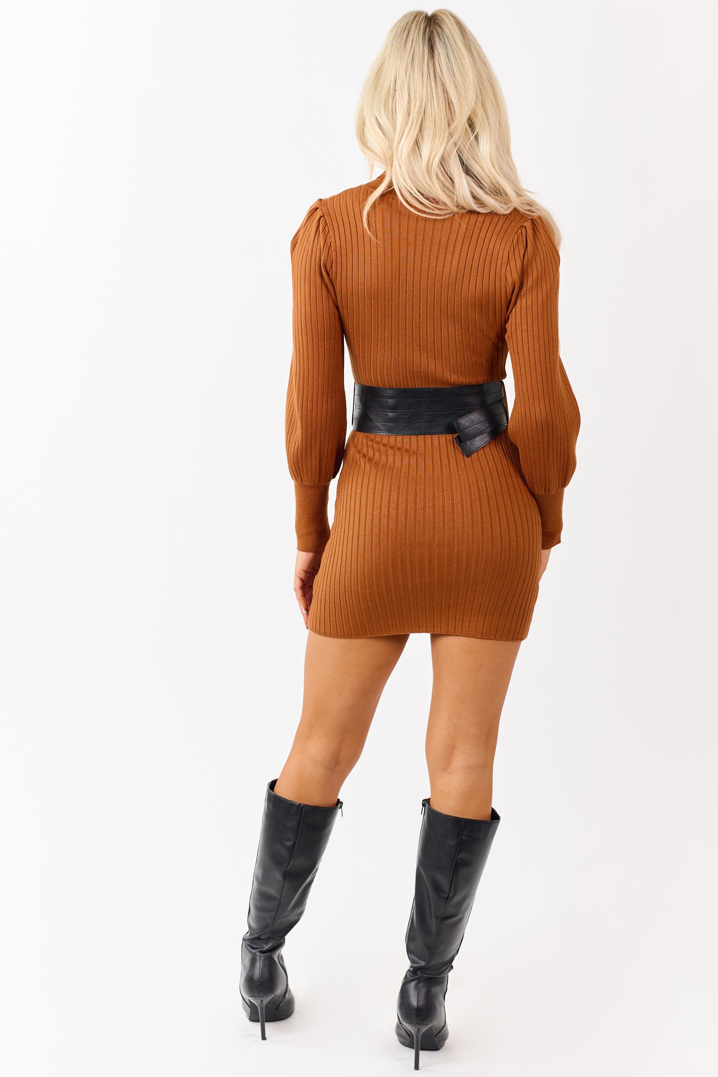 Caramel Ribbed Knit Belted Turtleneck Sweater Dress