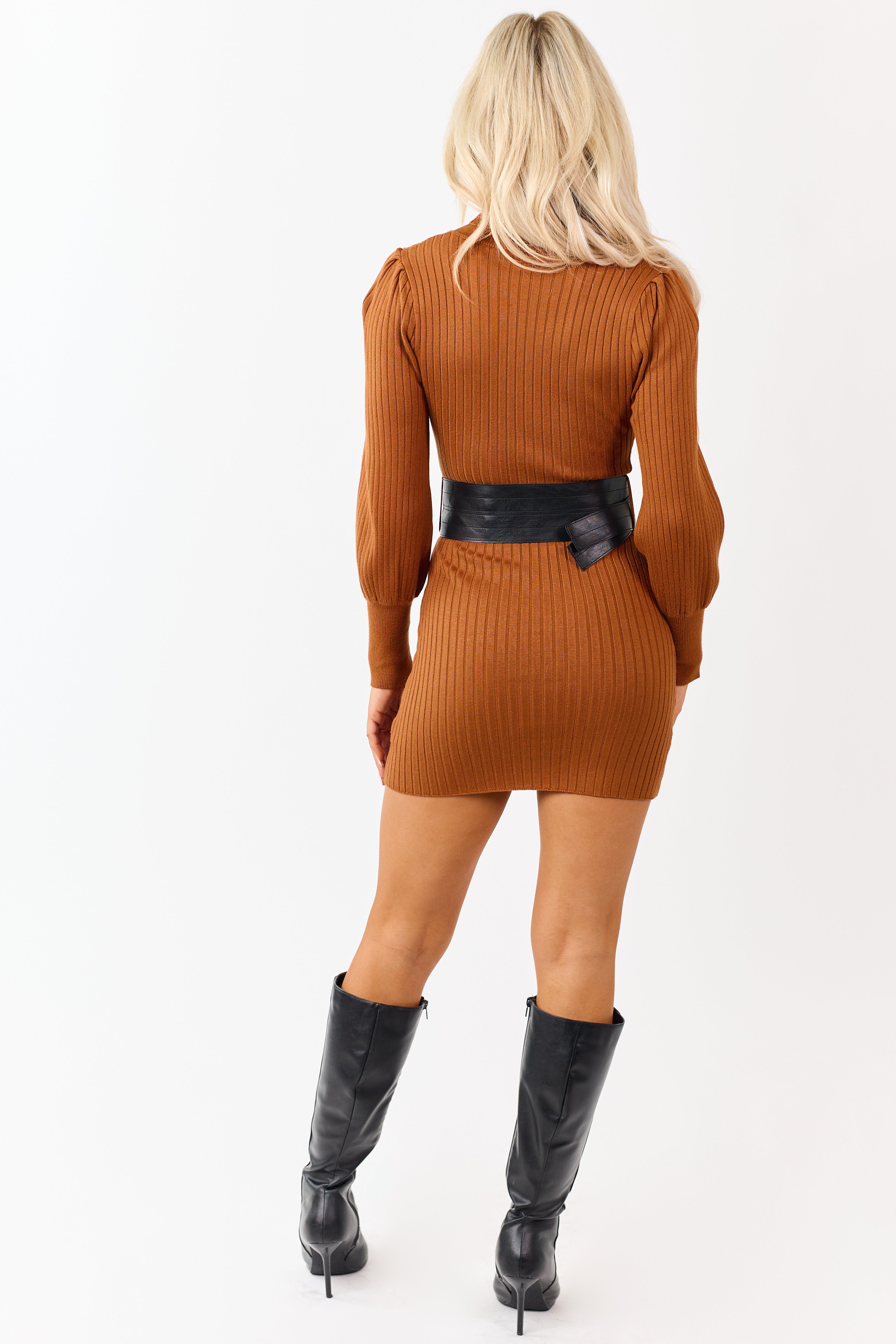 Caramel Ribbed Knit Belted Turtleneck Sweater Dress