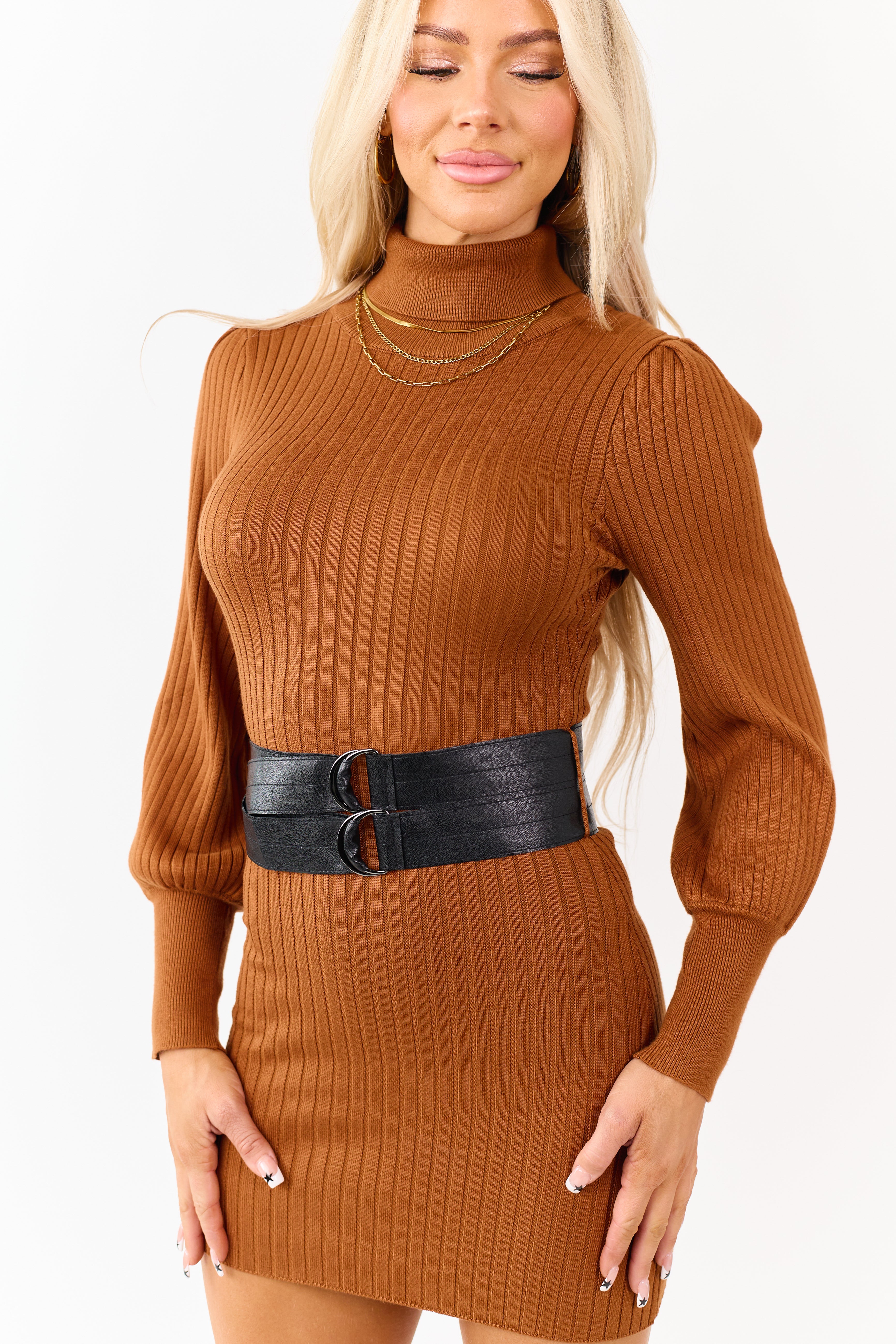 Caramel Ribbed Knit Belted Turtleneck Sweater Dress