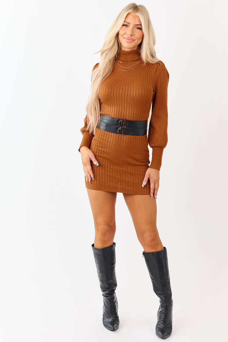 Caramel Ribbed Knit Belted Turtleneck Sweater Dress
