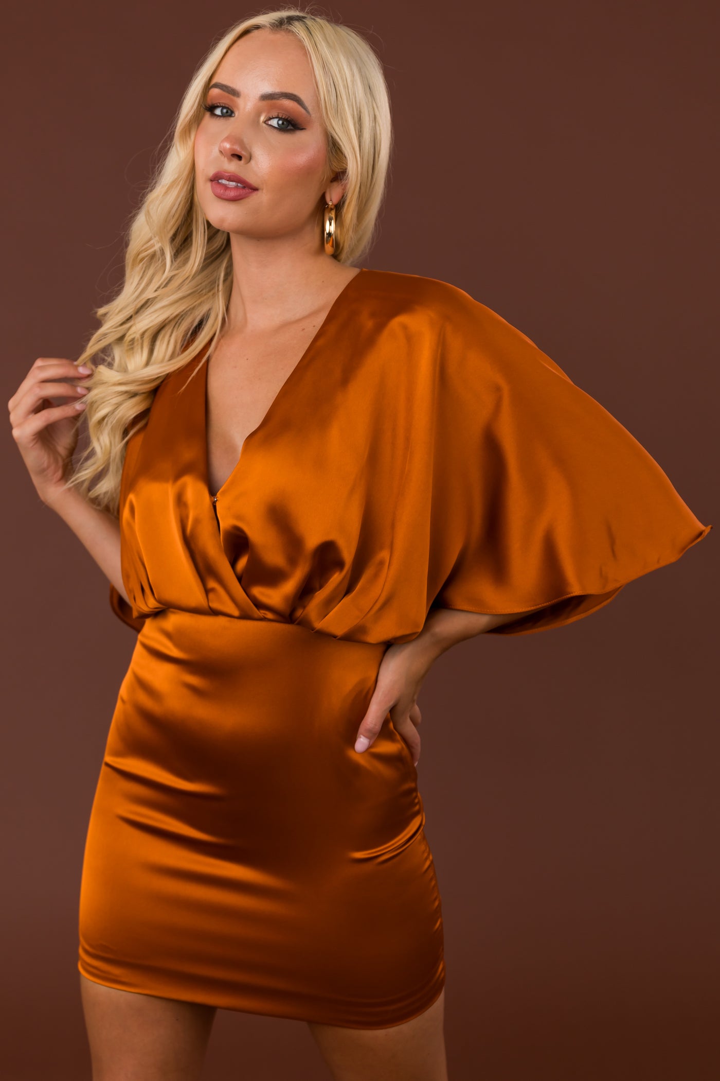 Caramel Satin Kimono Sleeve Mini Dress