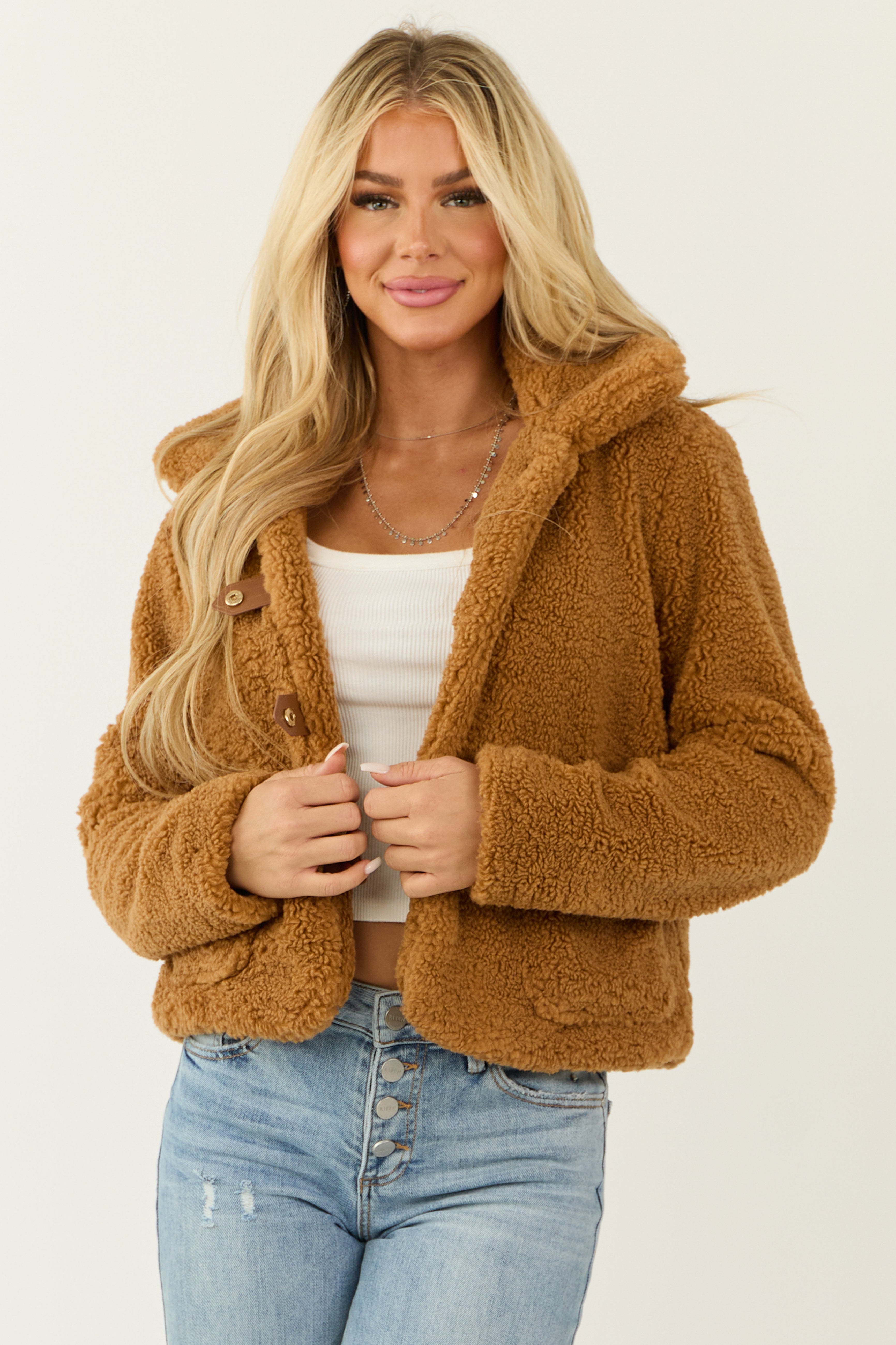 Caramel Sherpa Snap Button Up Jacket | Lime Lush Boutique