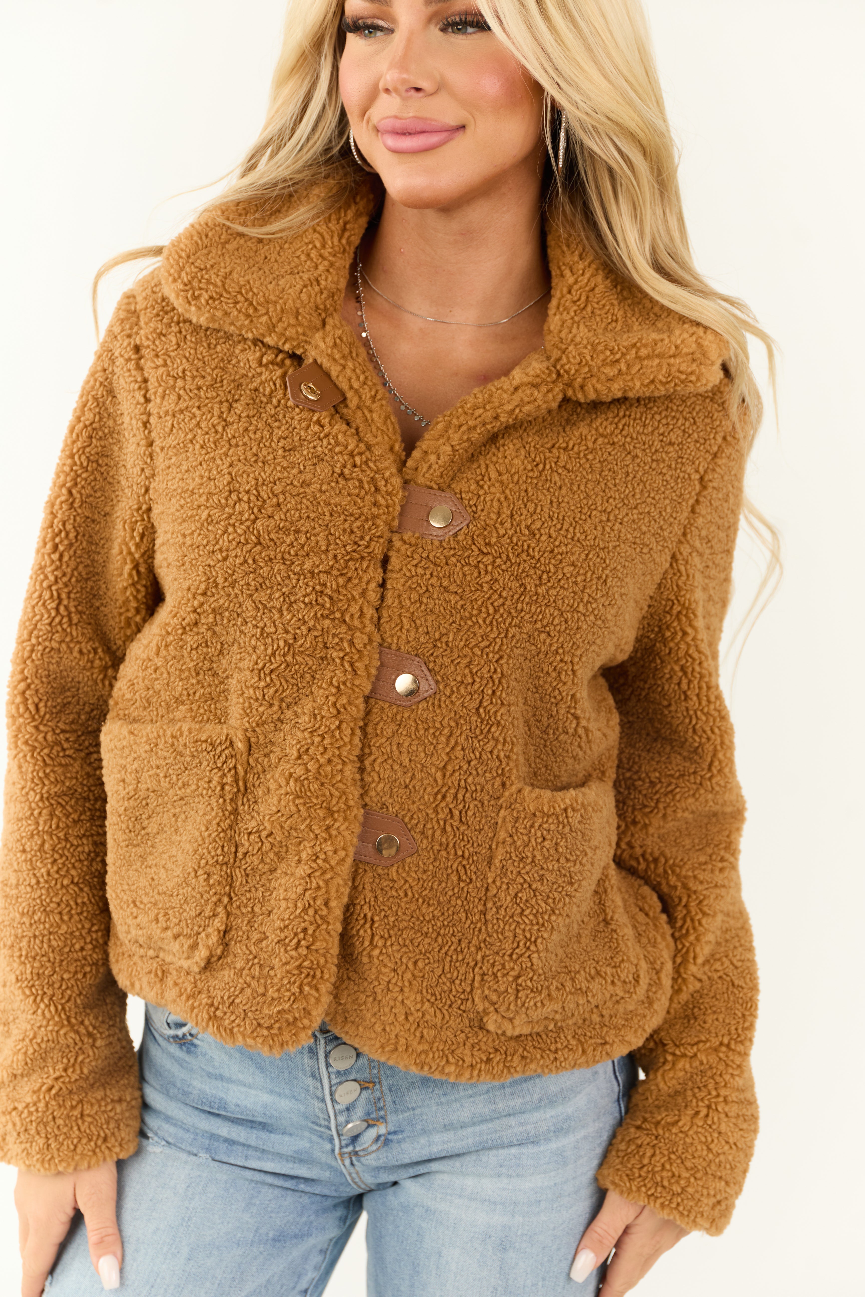 Caramel Sherpa Snap Button Up Jacket | Lime Lush Boutique