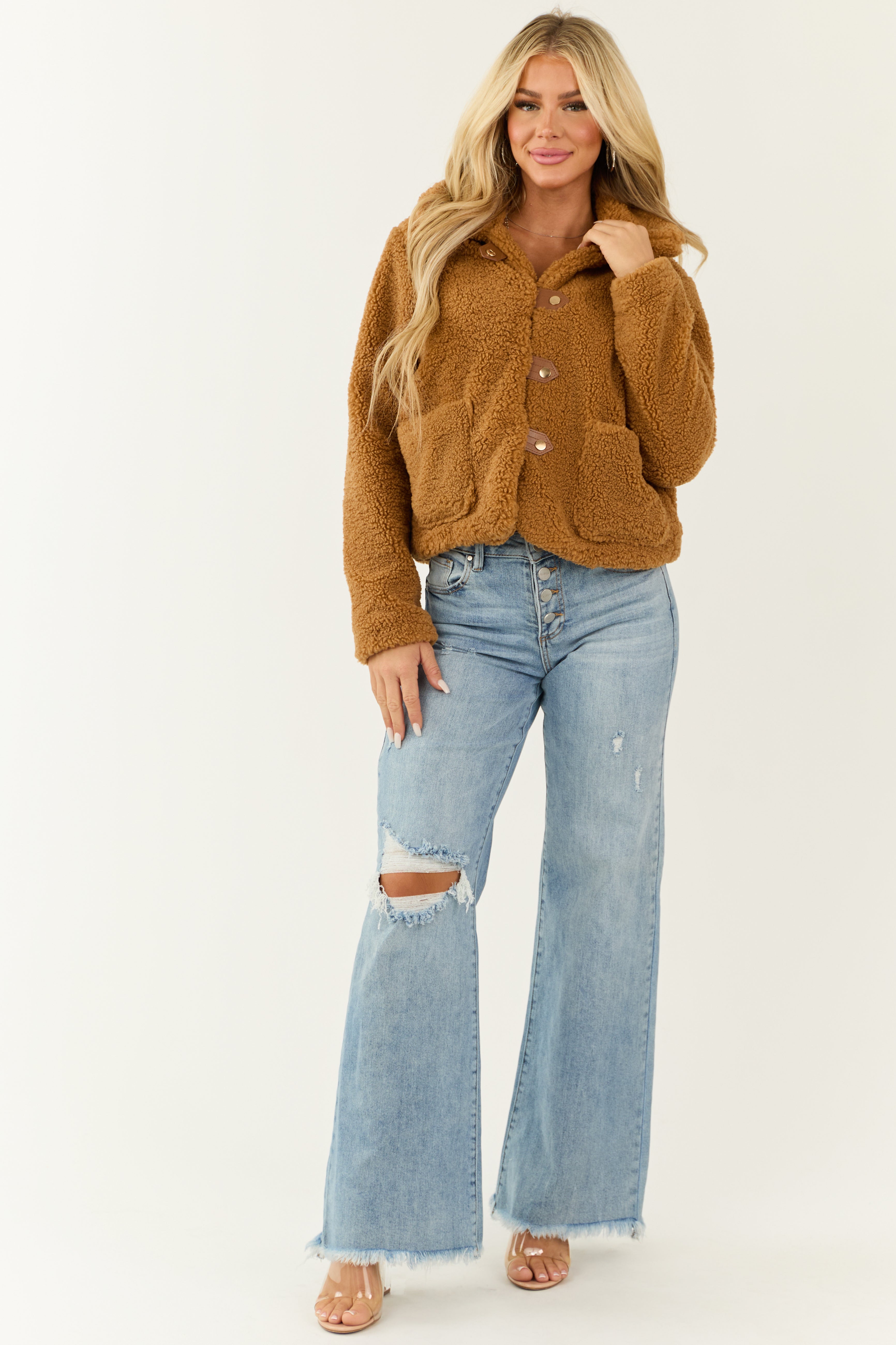 Caramel Sherpa Snap Button Up Jacket | Lime Lush Boutique