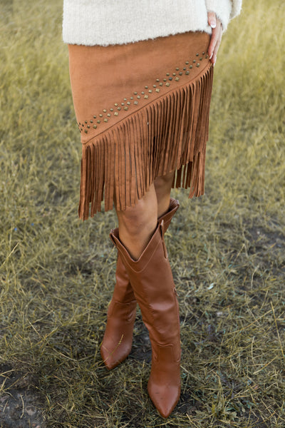 Caramel Soft Suede Fringe Skirt with Studs