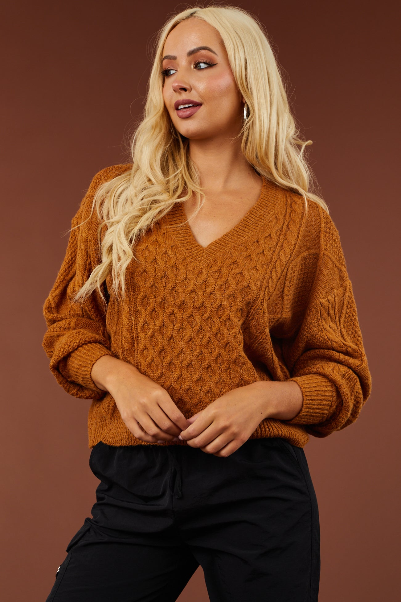 Caramel V Neck Cable Knit Sweater