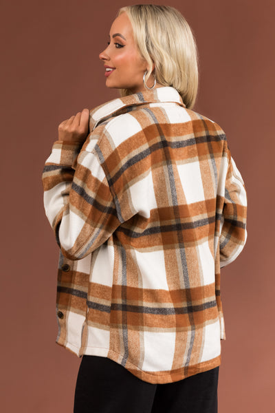 Caramel and Off White Plaid Button Up Shacket