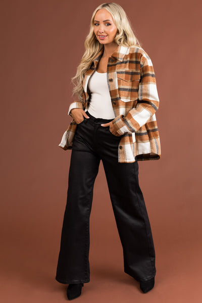 Caramel and Off White Plaid Button Up Shacket