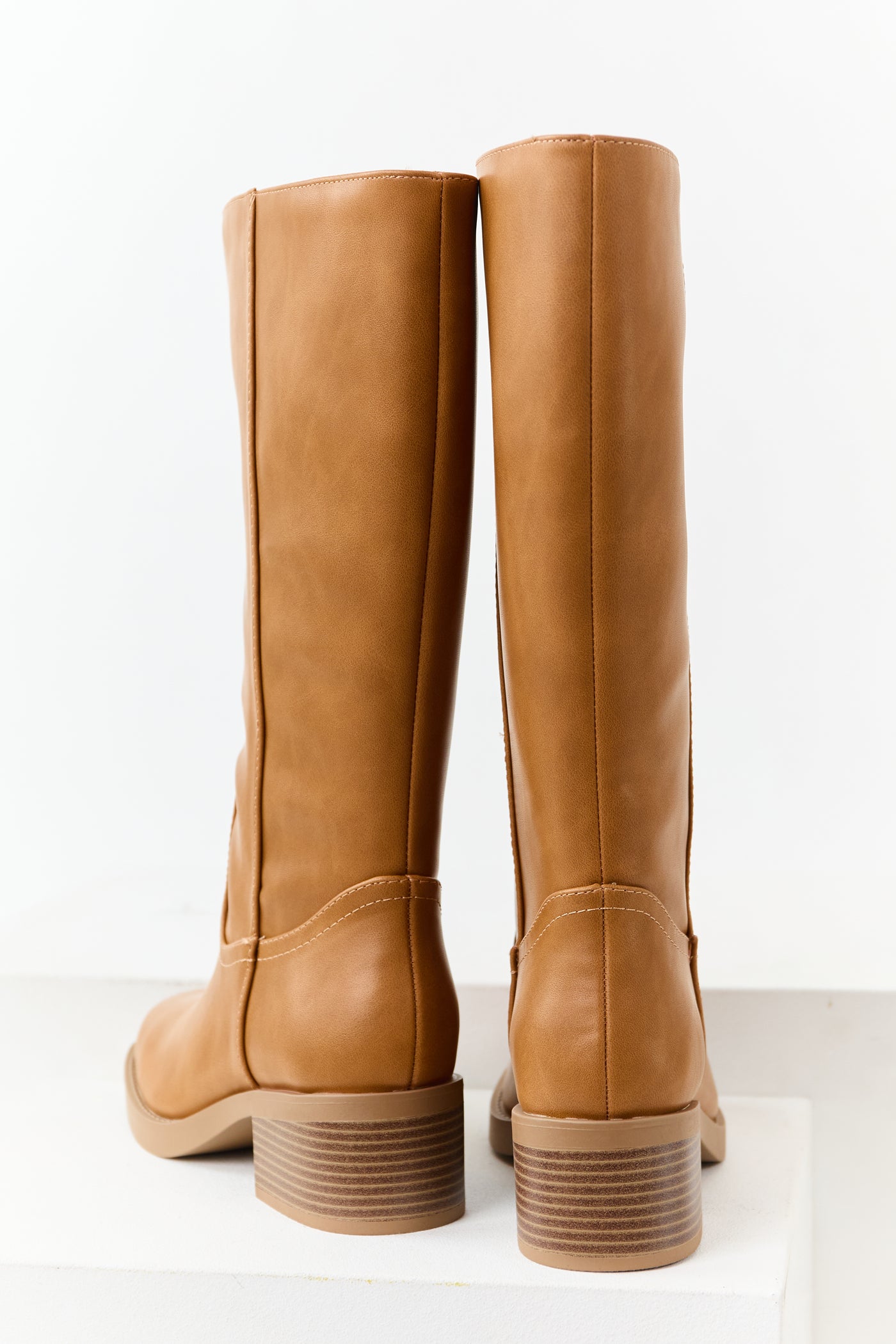 Caramel Faux Leather Block Heel Tall Riding Boots