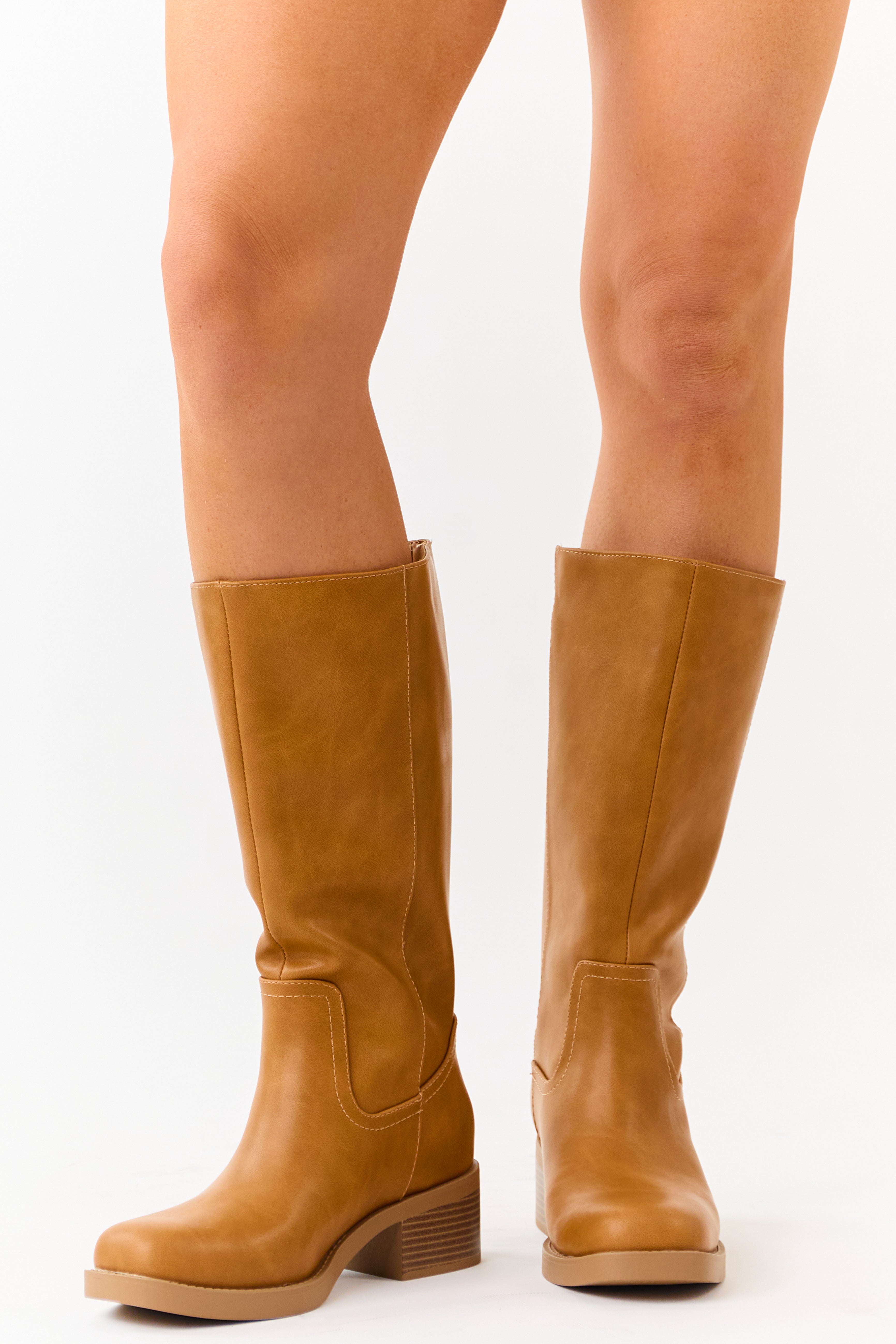Caramel Faux Leather Block Heel Tall Riding Boots
