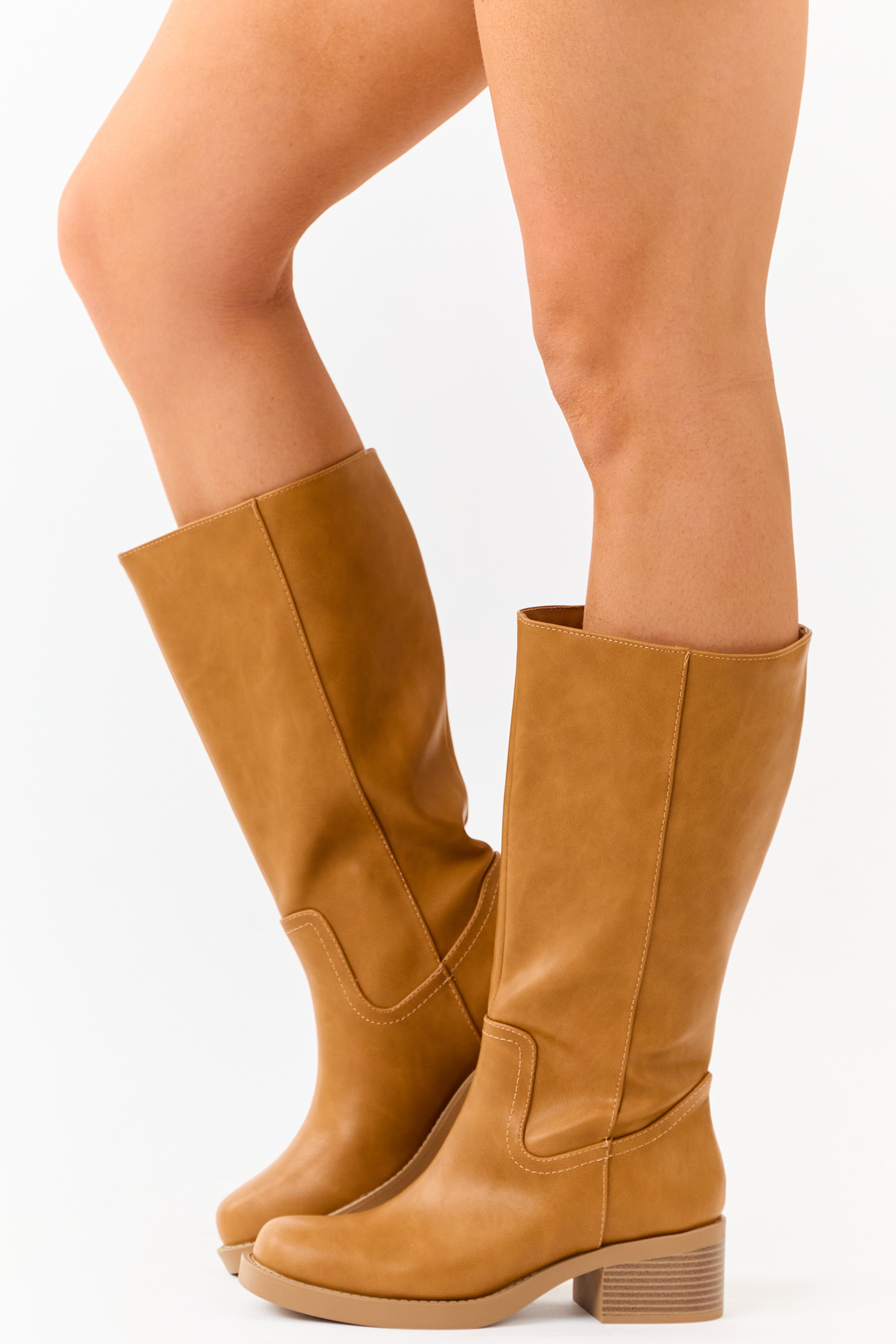 Caramel Faux Leather Block Heel Tall Riding Boots