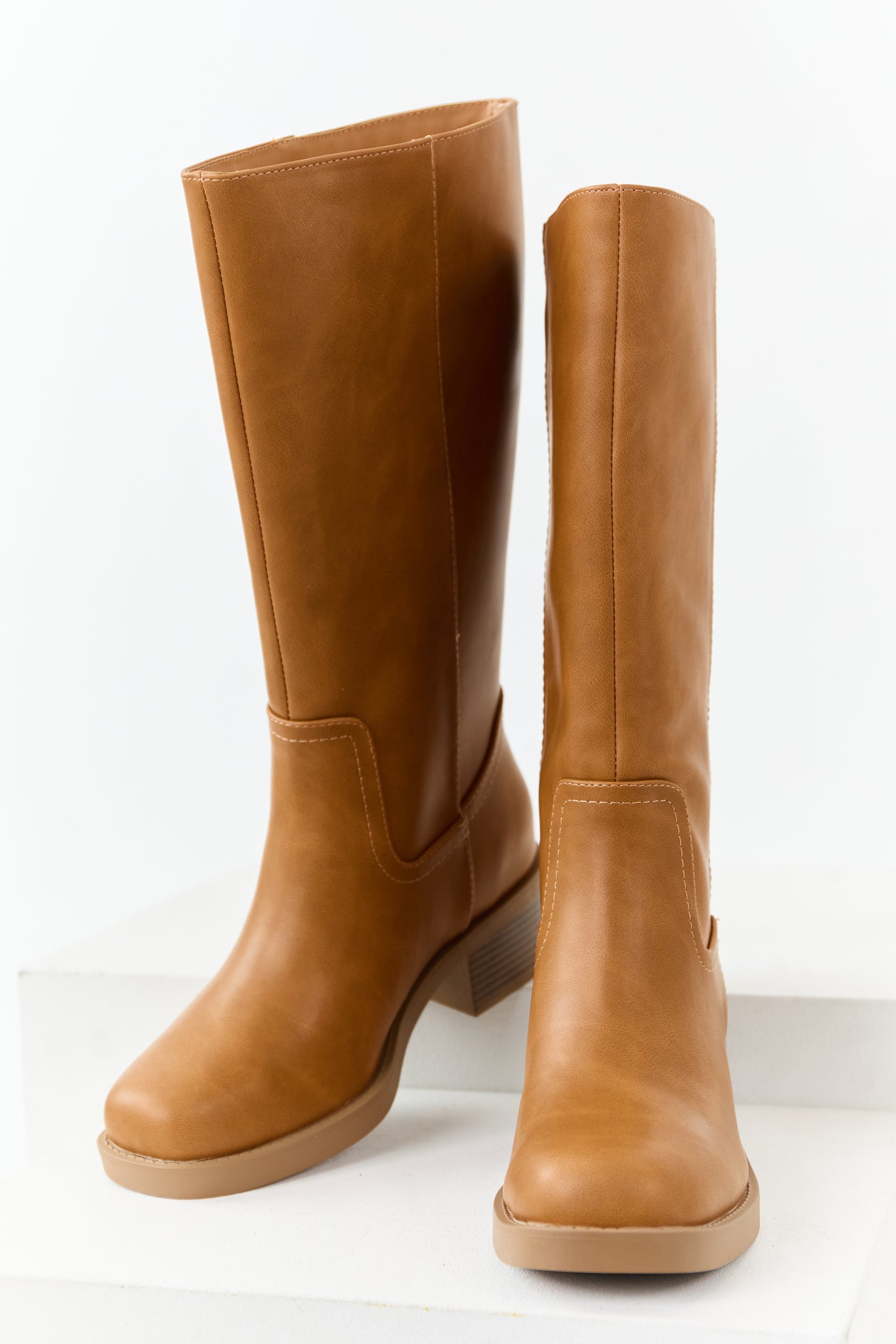 Caramel Faux Leather Block Heel Tall Riding Boots