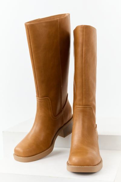 Caramel Faux Leather Block Heel Tall Riding Boots