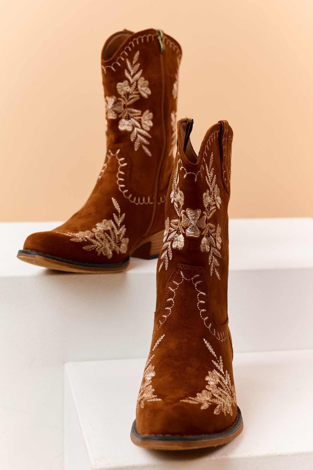 Caramel Faux Suede Floral Embroidered Booties