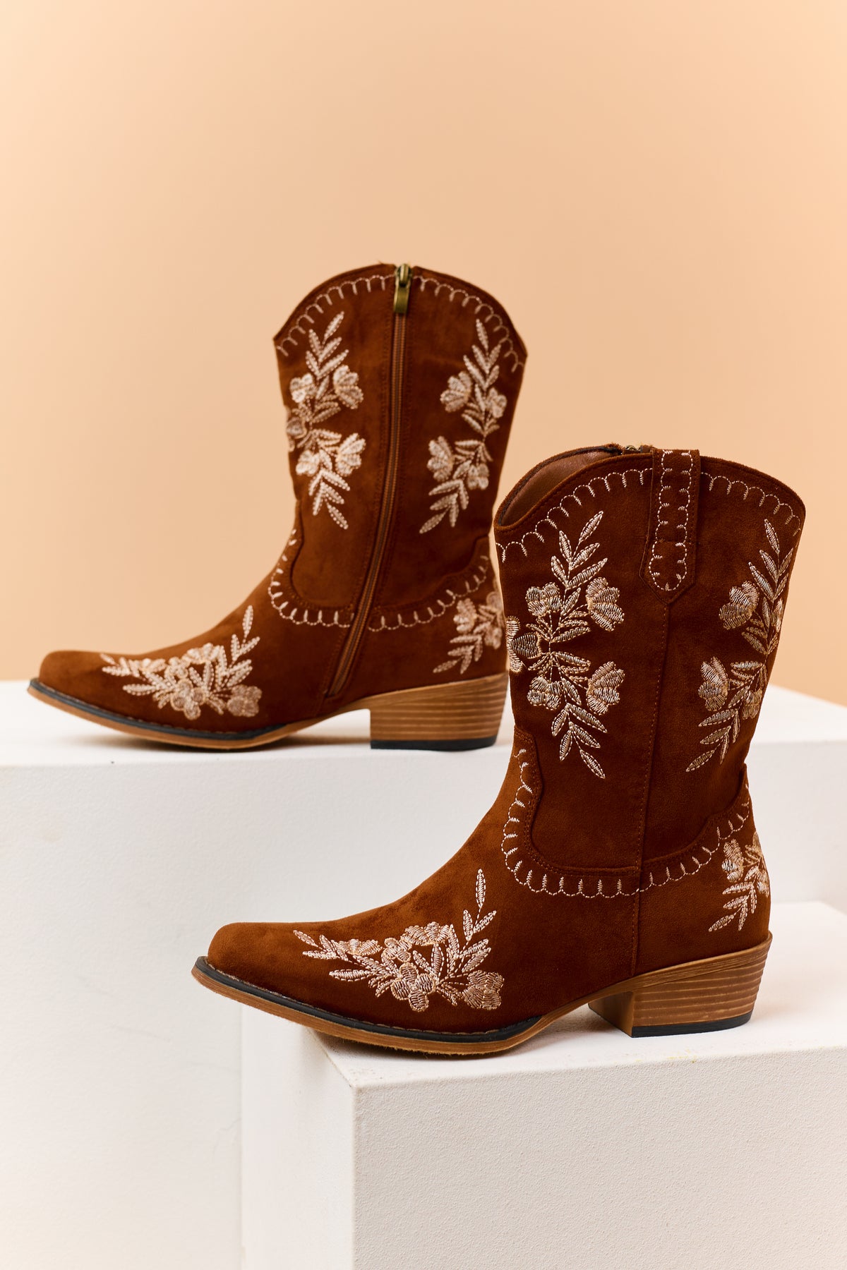 Caramel Faux Suede Floral Embroidered Booties