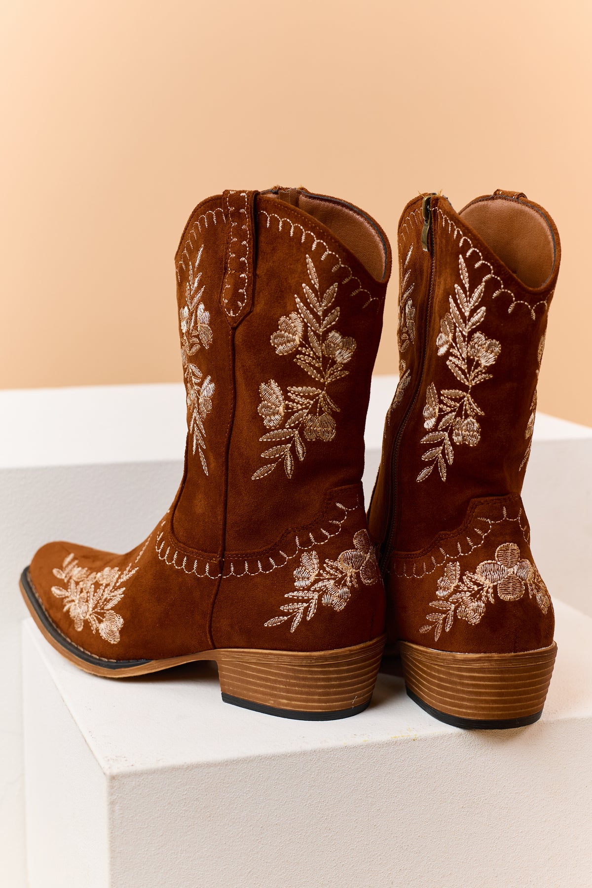 Caramel Faux Suede Floral Embroidered Booties