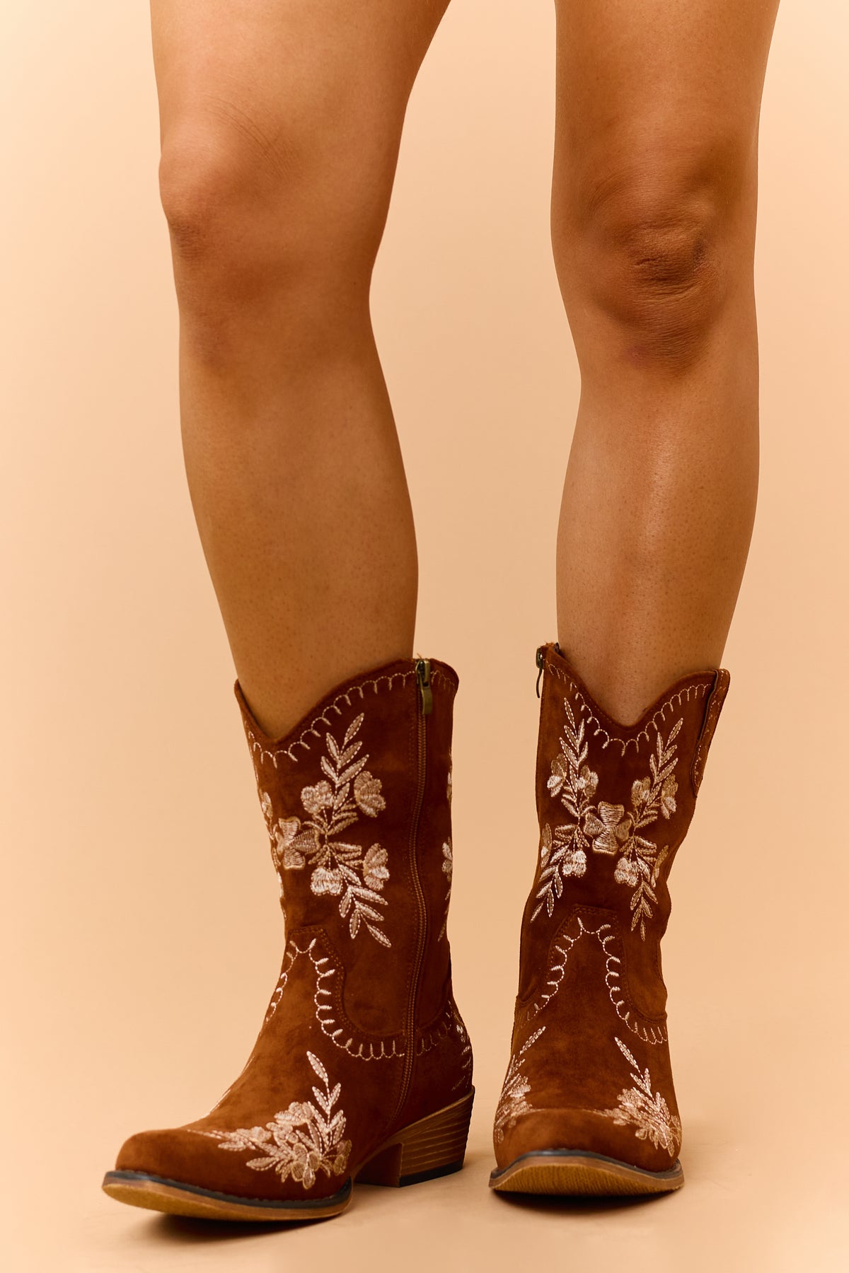 Caramel Faux Suede Floral Embroidered Booties