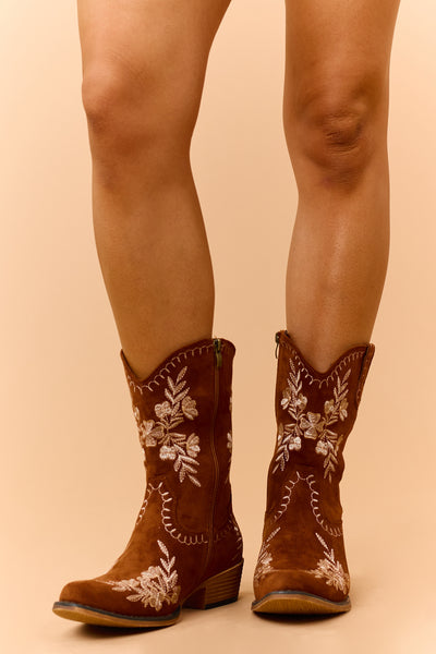 Caramel Faux Suede Floral Embroidered Booties
