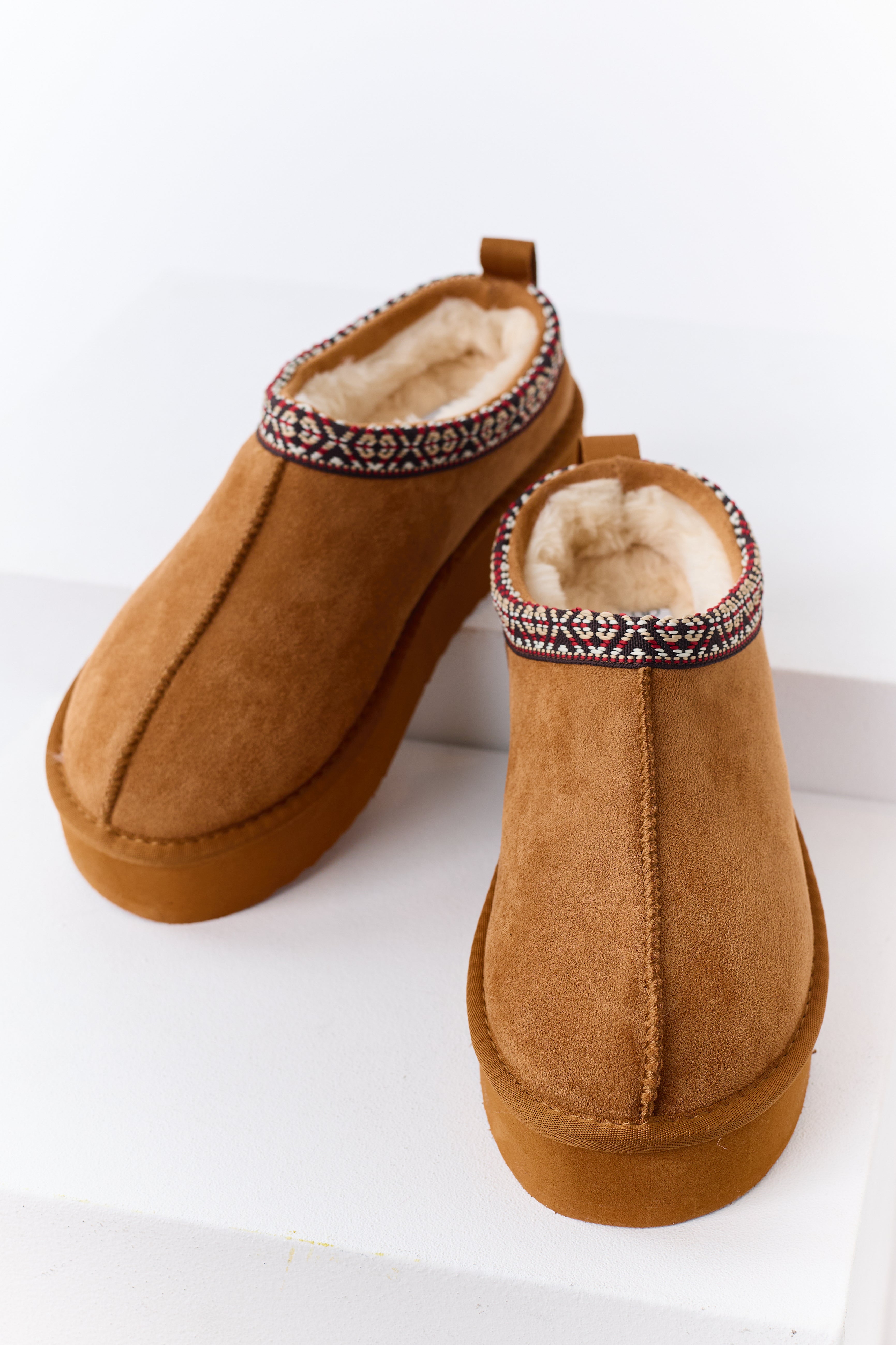 Caramel Faux Suede Fur Lined Platform Slippers