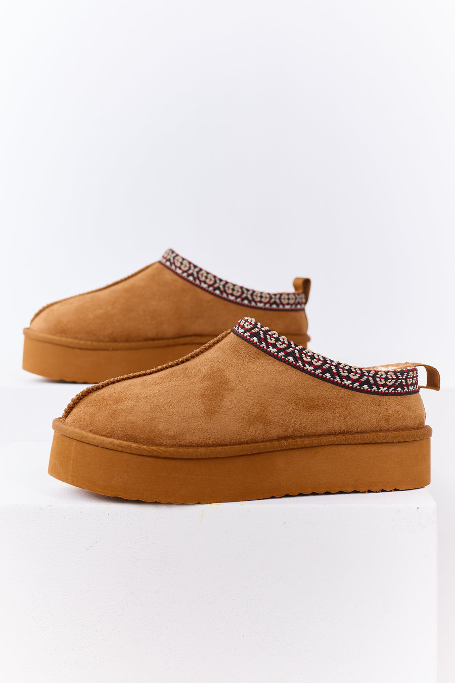 Caramel Faux Suede Fur Lined Platform Slippers