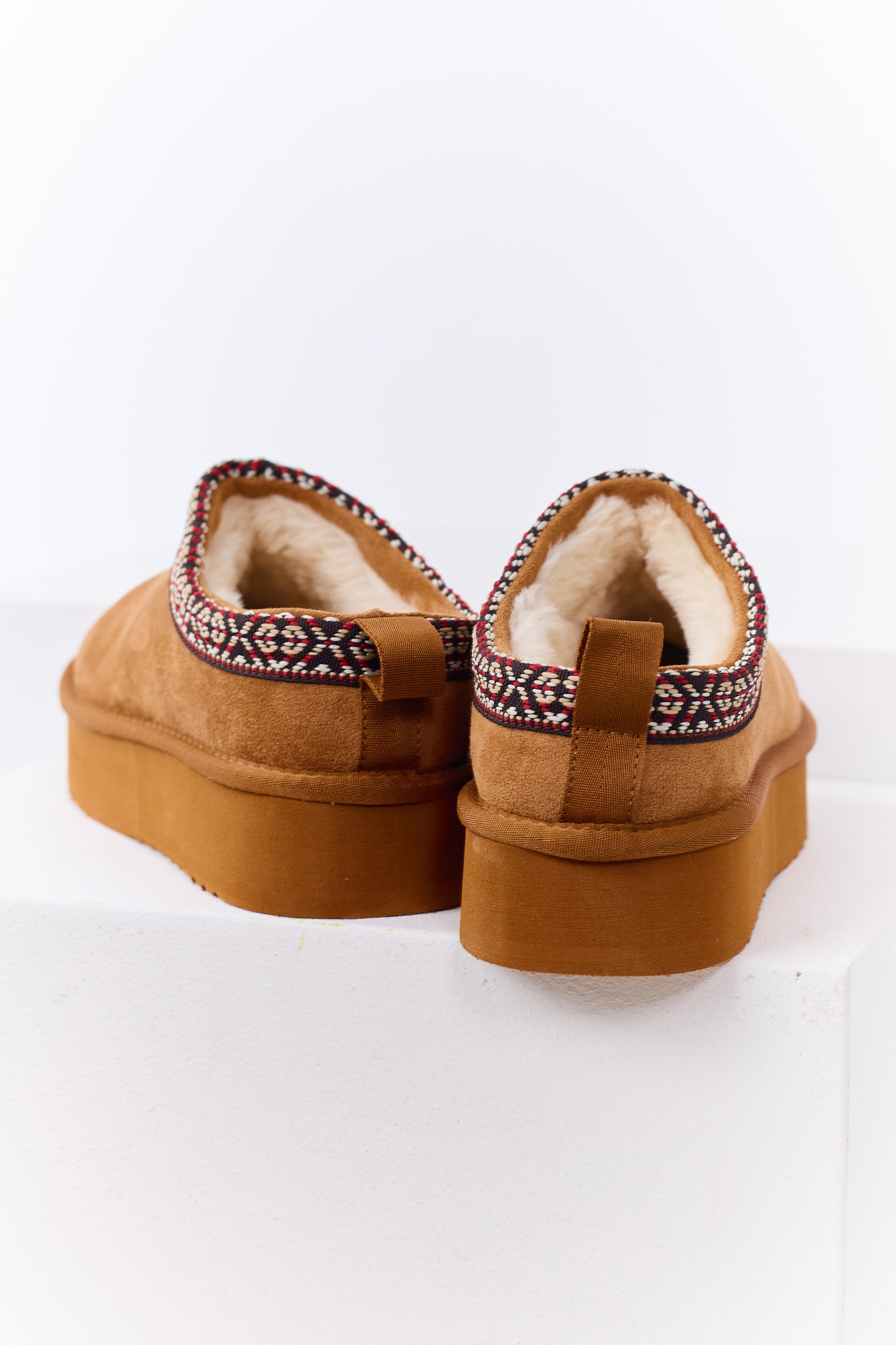 Caramel Faux Suede Fur Lined Platform Slippers