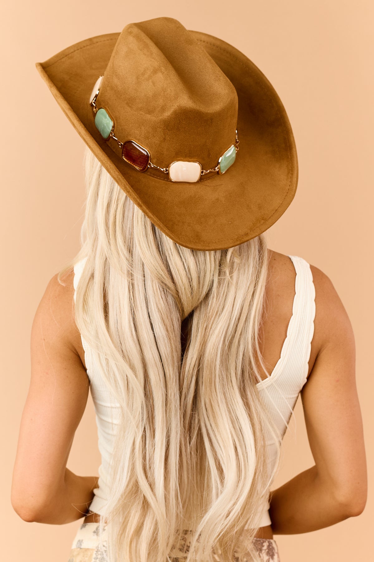 Caramel Faux Suede Multi Stone Band Cowboy Hat