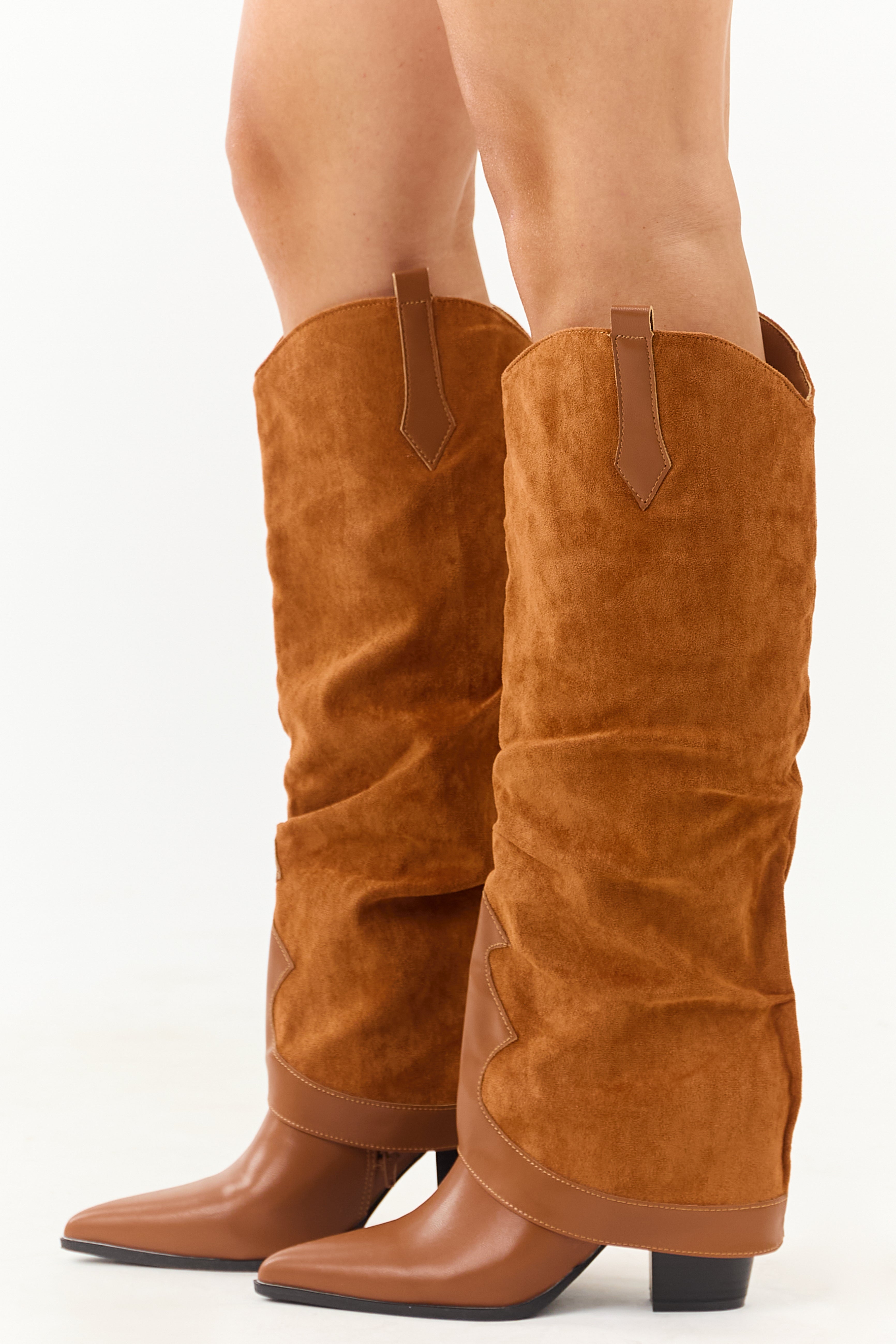 Caramel Faux Suede Overlay Knee High Cowboy Boots