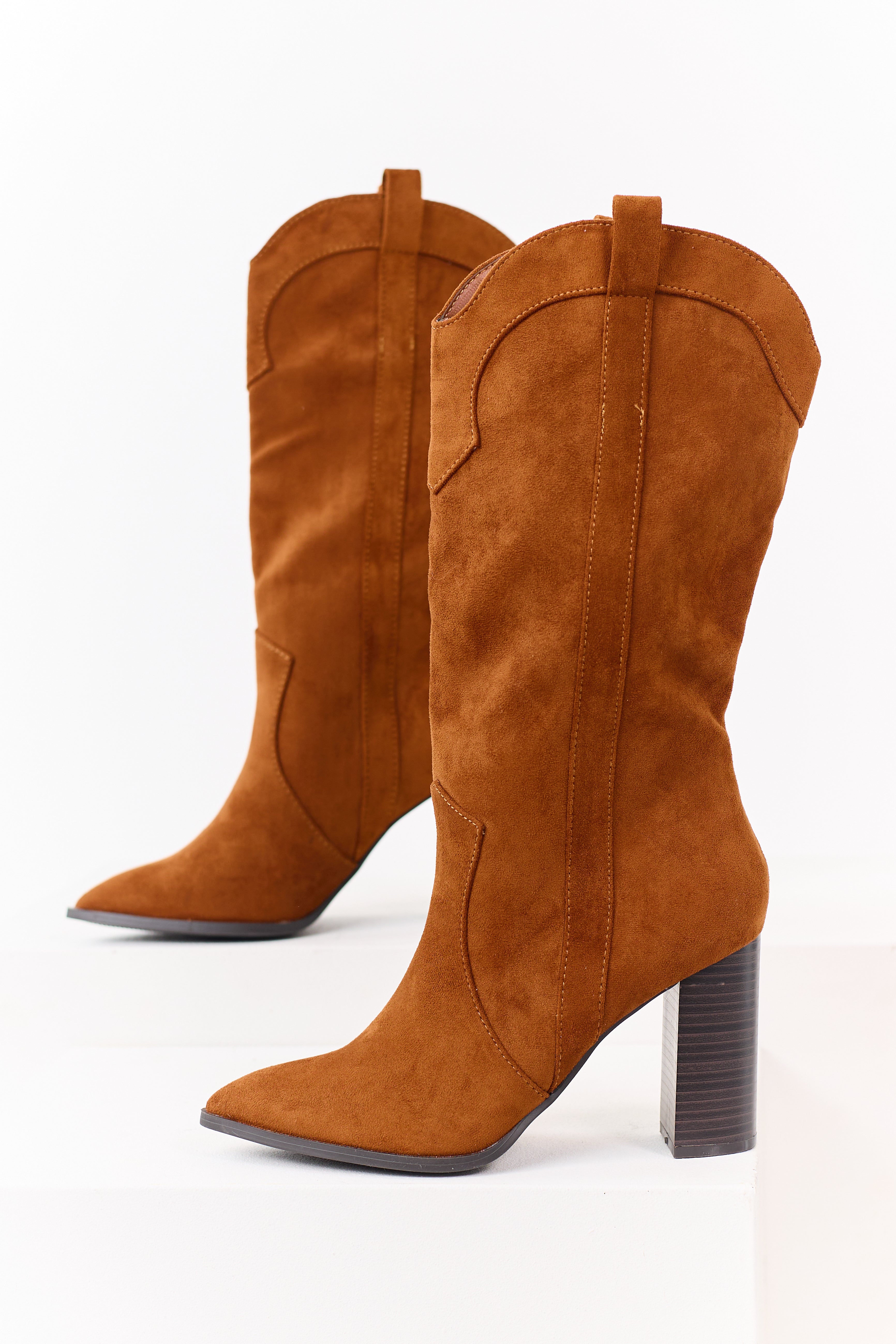 Caramel Faux Suede Western Block Heel Tall Boots