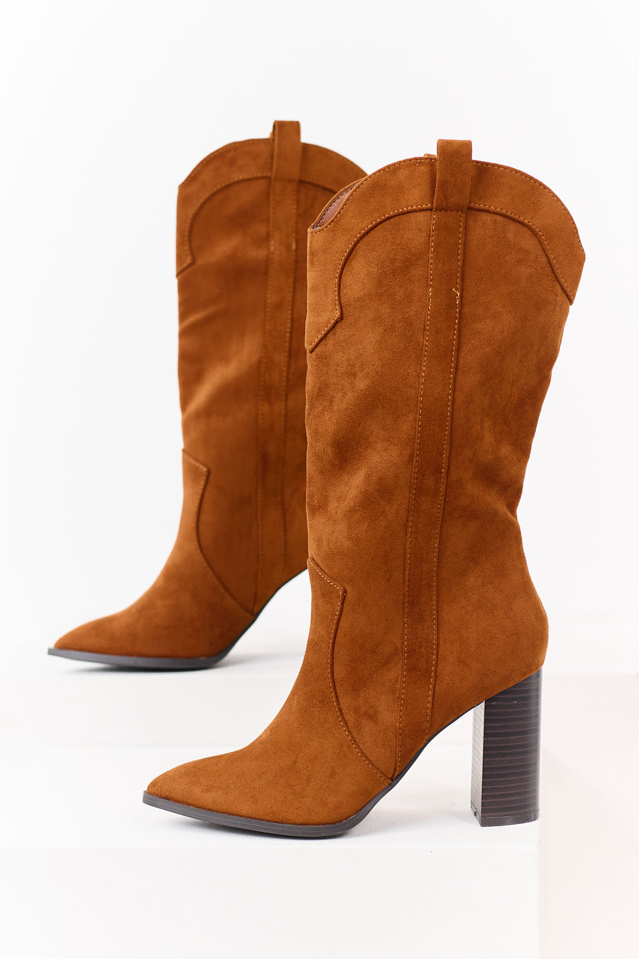 Caramel Faux Suede Western Block Heel Tall Boots