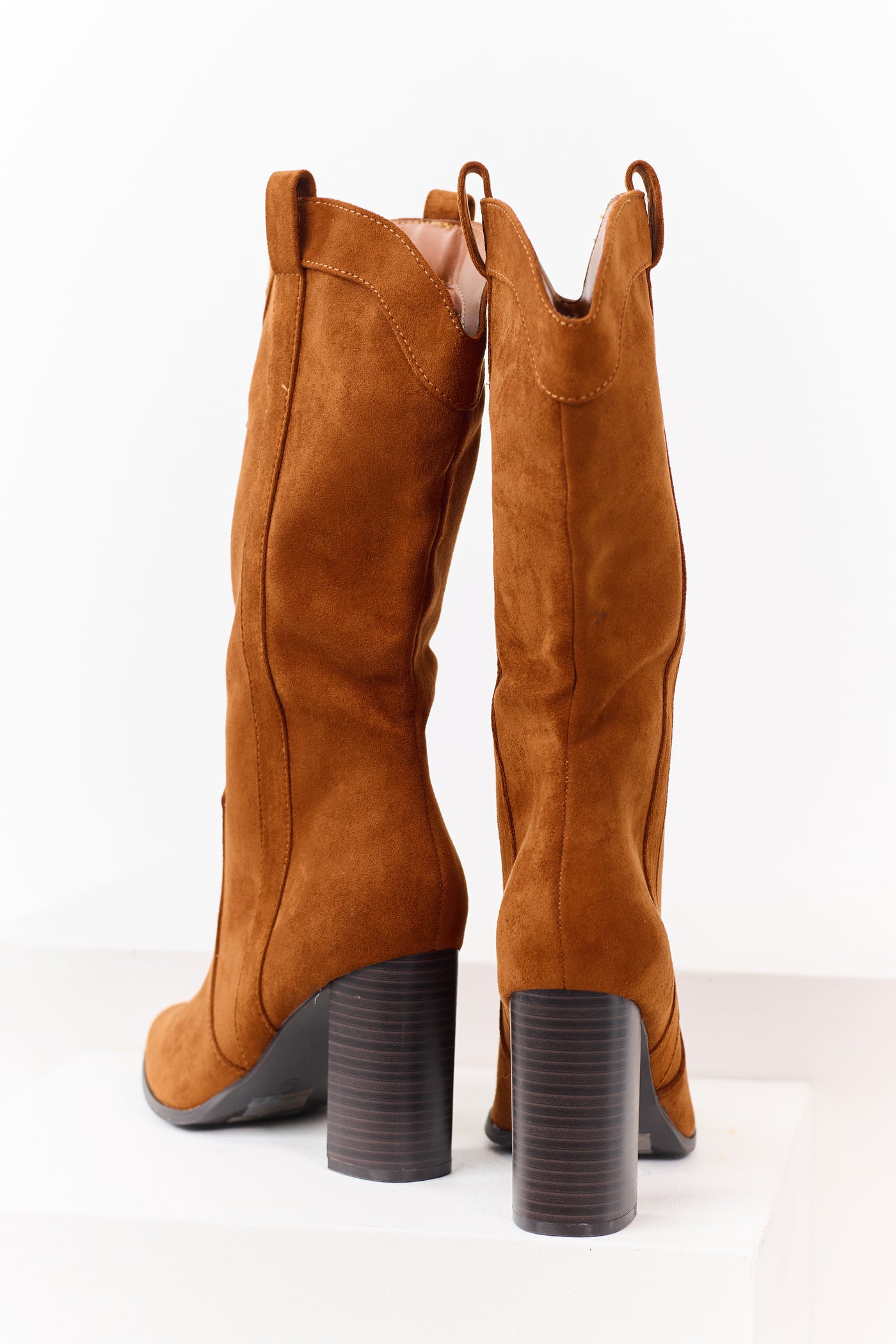 Caramel Faux Suede Western Block Heel Tall Boots