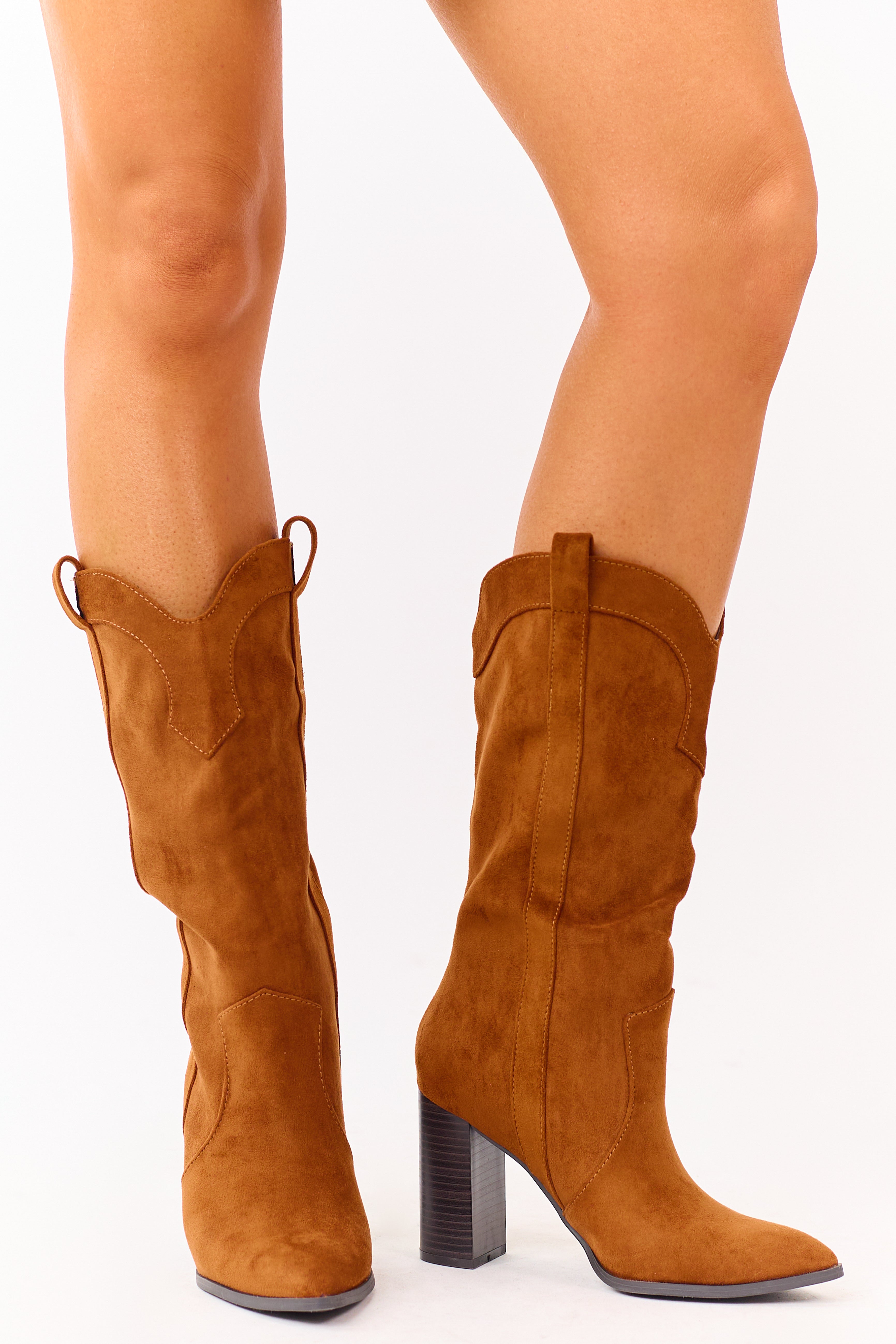 Caramel Faux Suede Western Block Heel Tall Boots