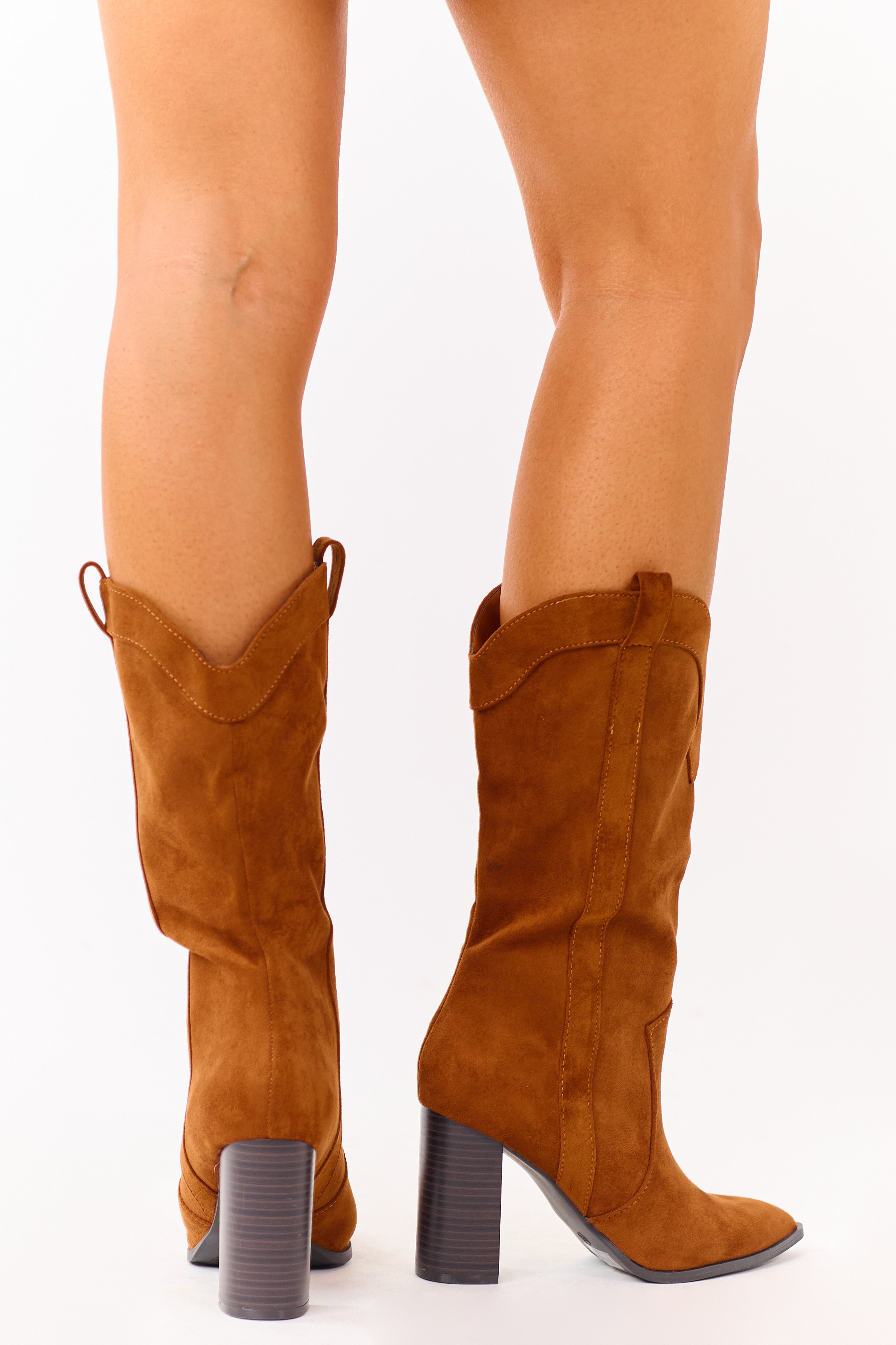 Caramel Faux Suede Western Block Heel Tall Boots