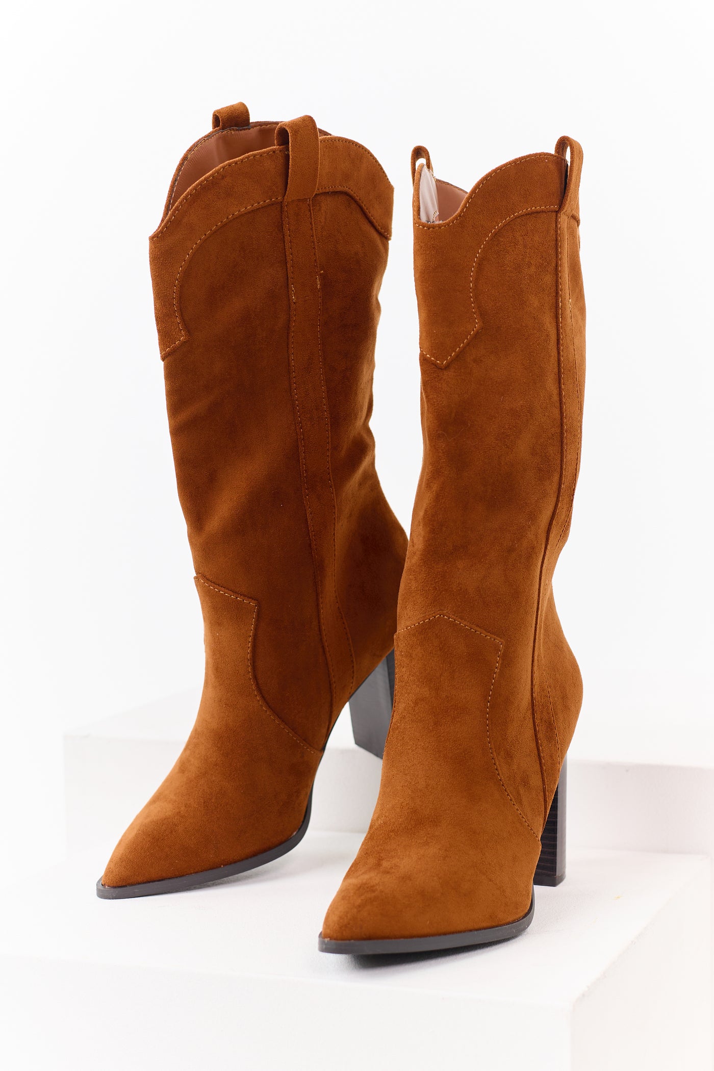 Caramel Faux Suede Western Block Heel Tall Boots