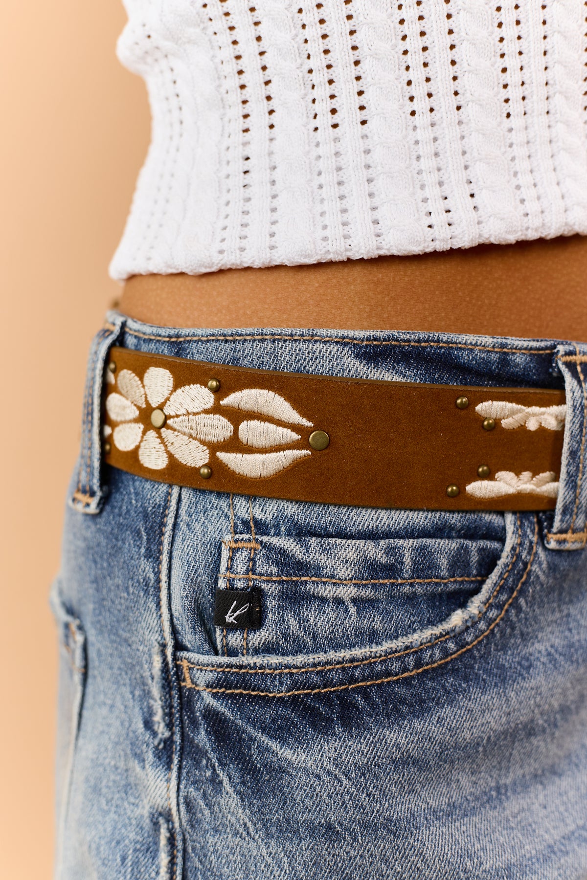 Caramel Floral Embroidered Faux Suede Belt