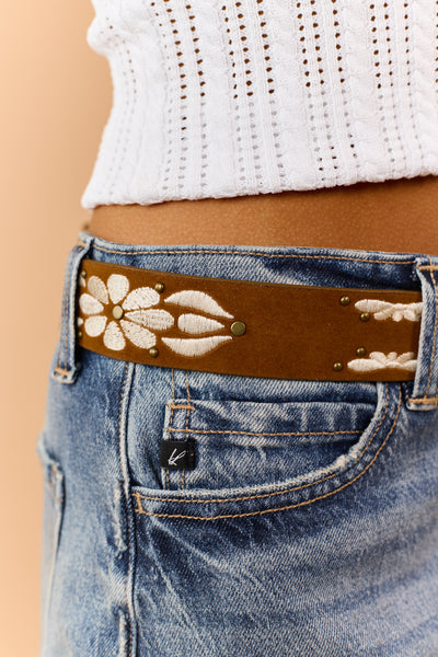 Caramel Floral Embroidered Faux Suede Belt