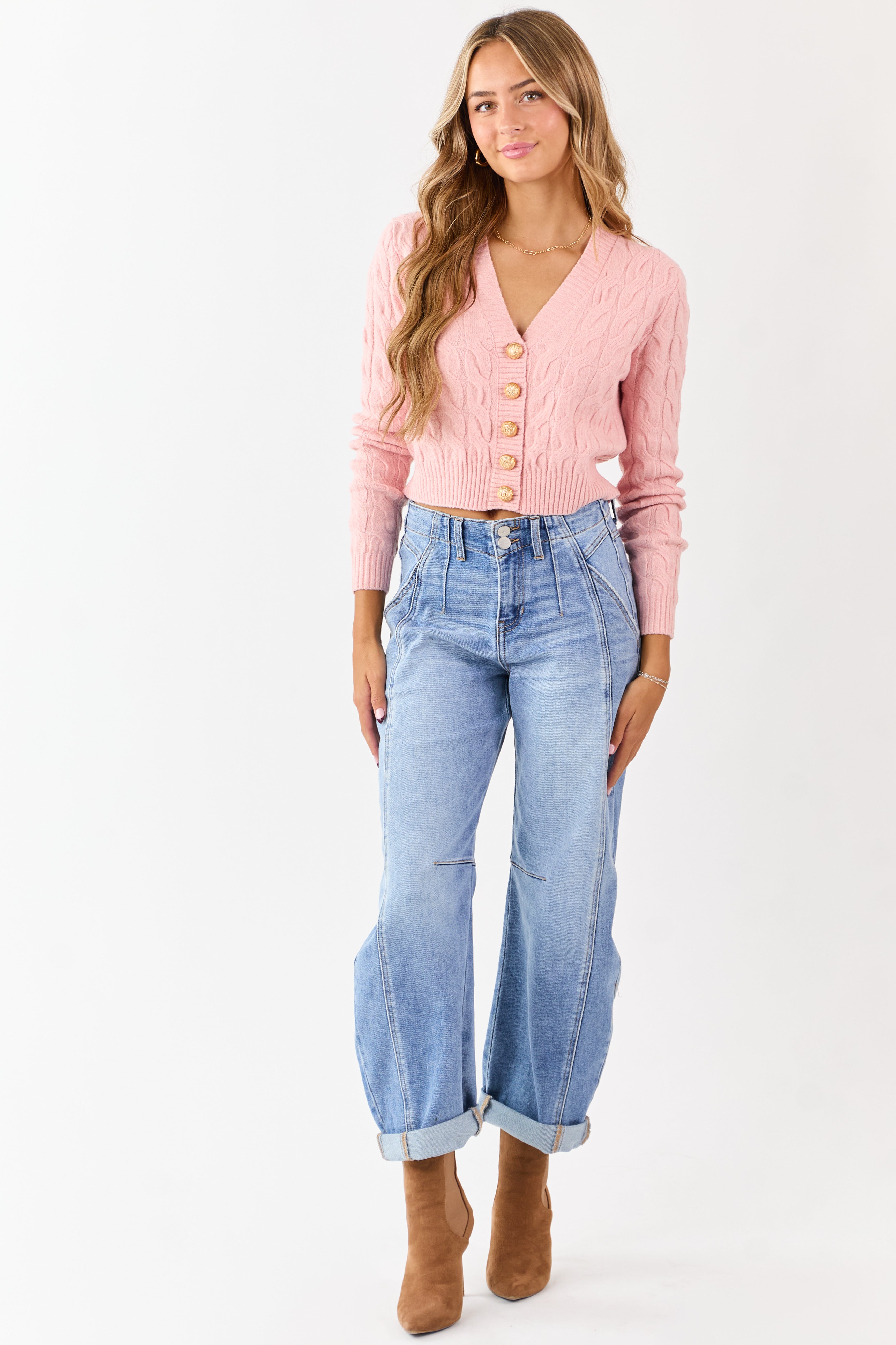 Carnation Button Down Cable Knit Sweater Cardigan