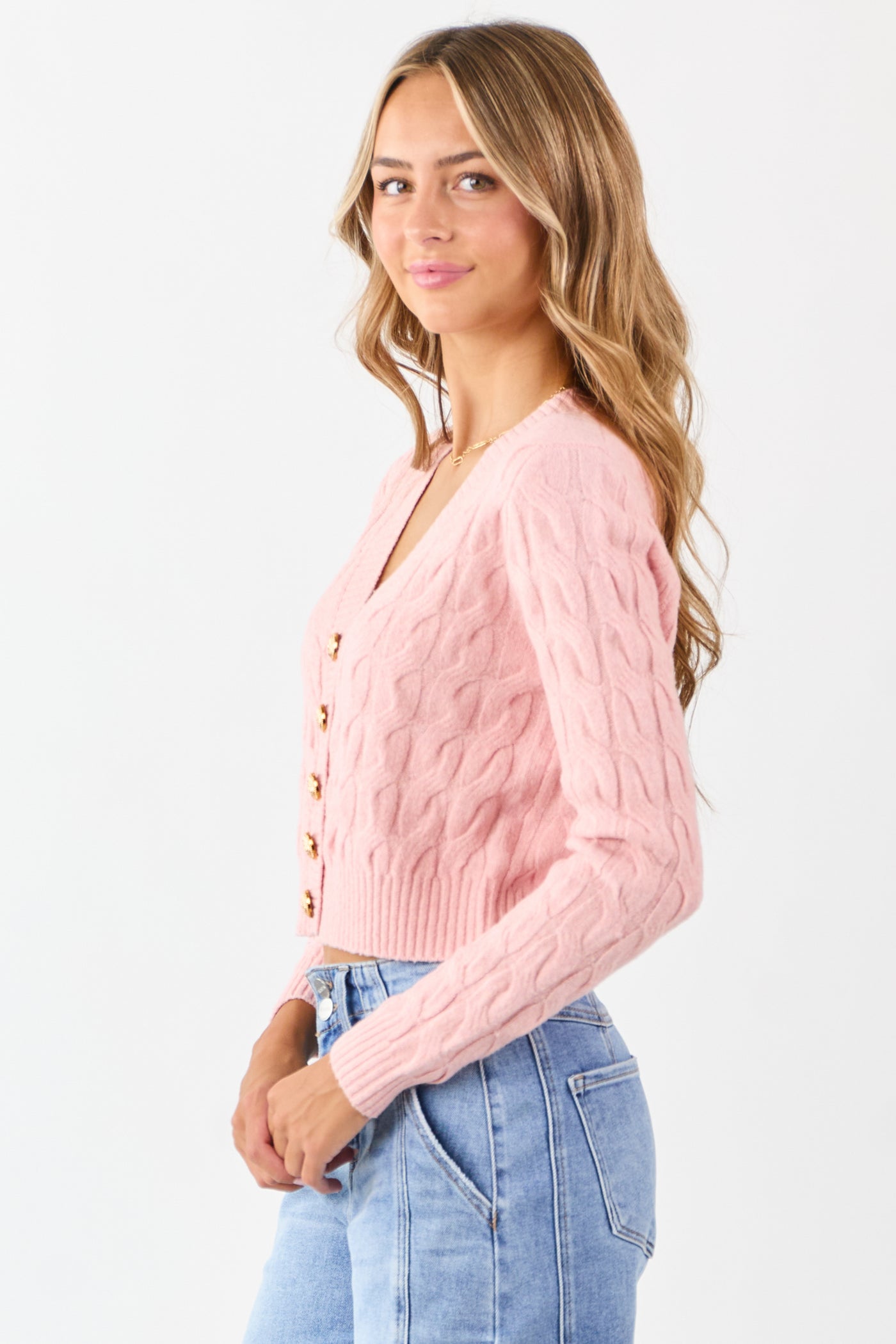Carnation Button Down Cable Knit Sweater Cardigan