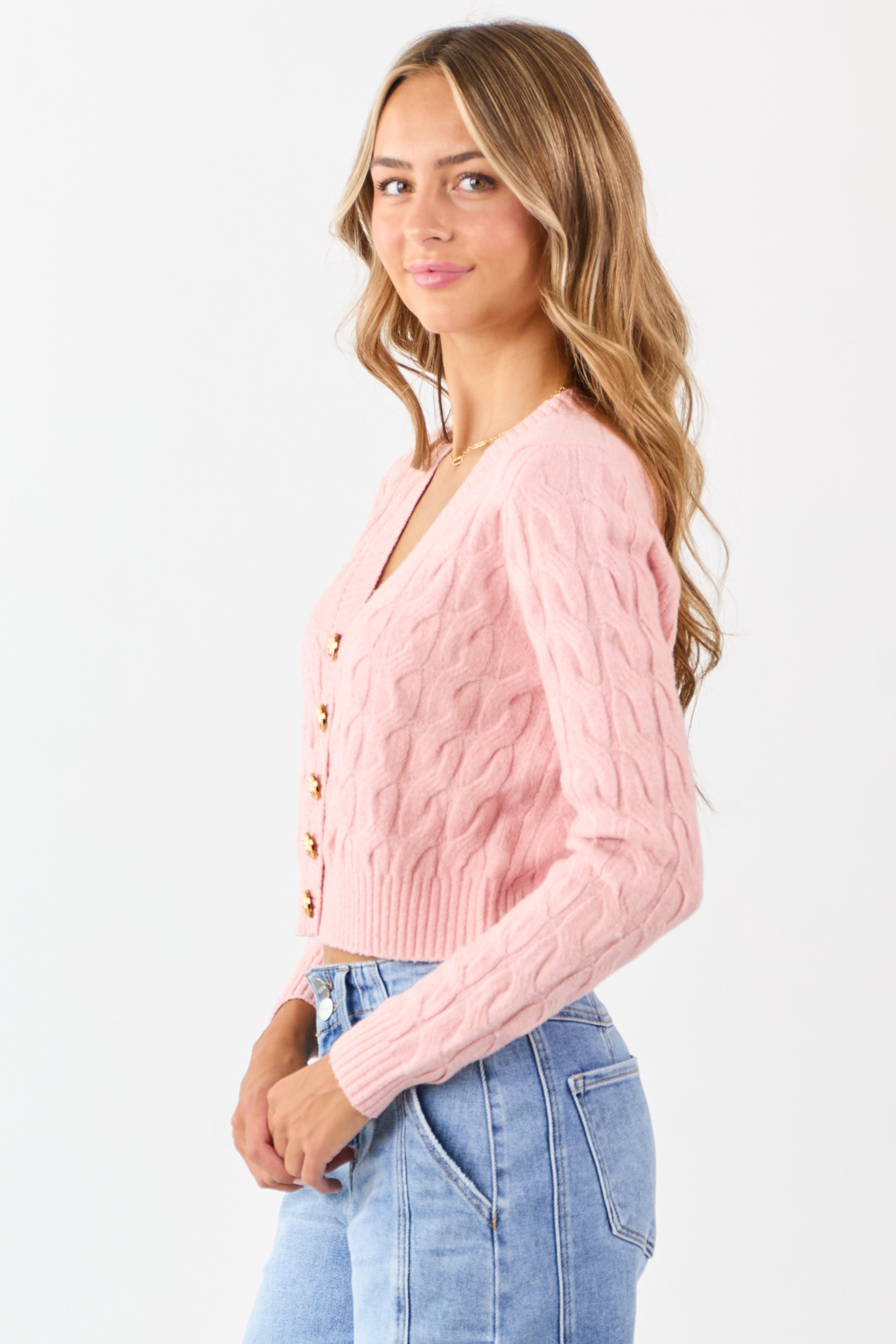 Carnation Button Down Cable Knit Sweater Cardigan