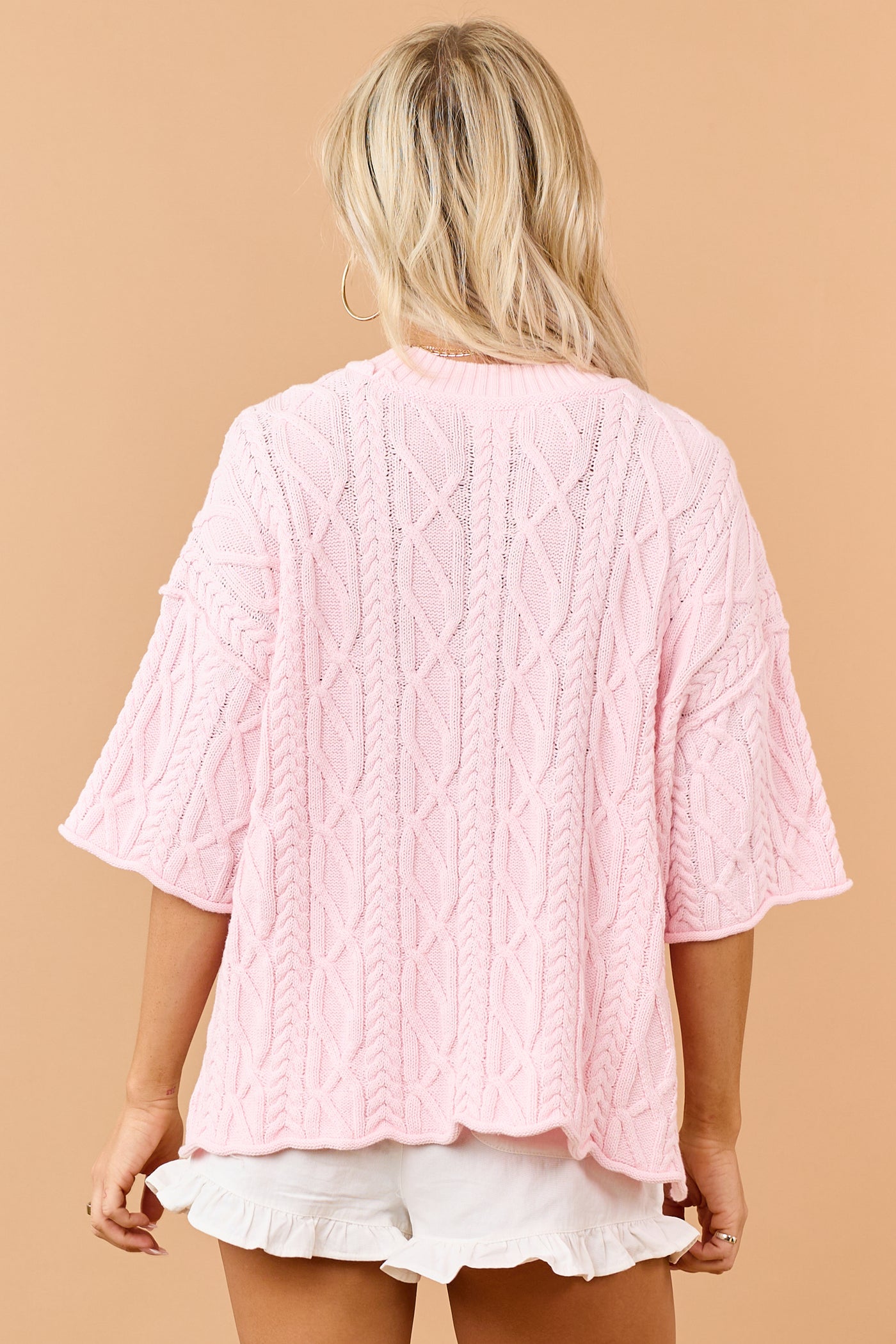 Carnation Cotton Cable Knit Half Sleeve Sweater