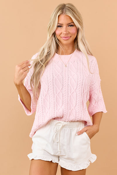Carnation Cotton Cable Knit Half Sleeve Sweater | Lime Lush Boutique